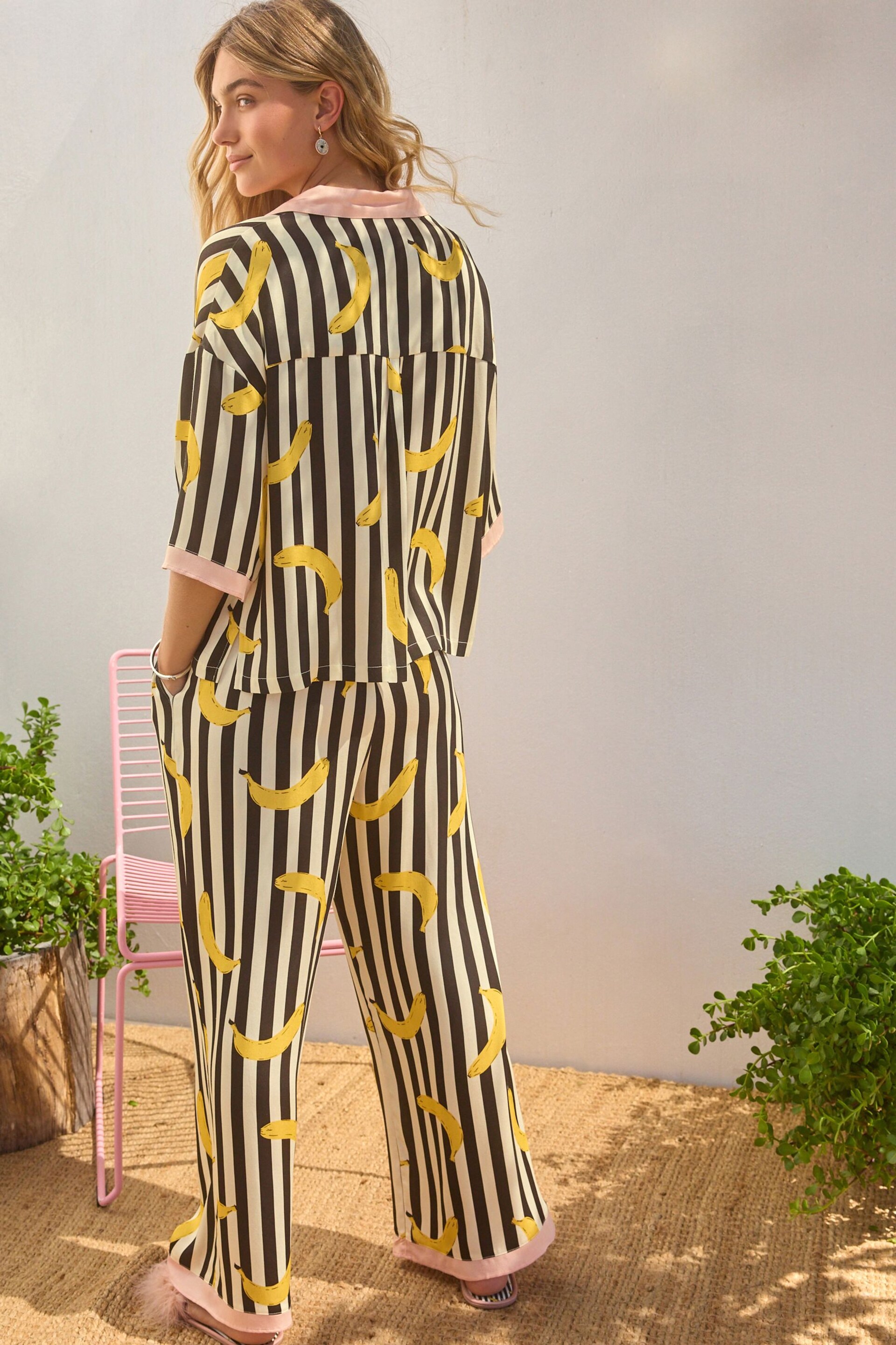 Rockett St George Monochrome Stripe Banana Print Woven Viscose Button Through Pyjamas - Image 4 of 10