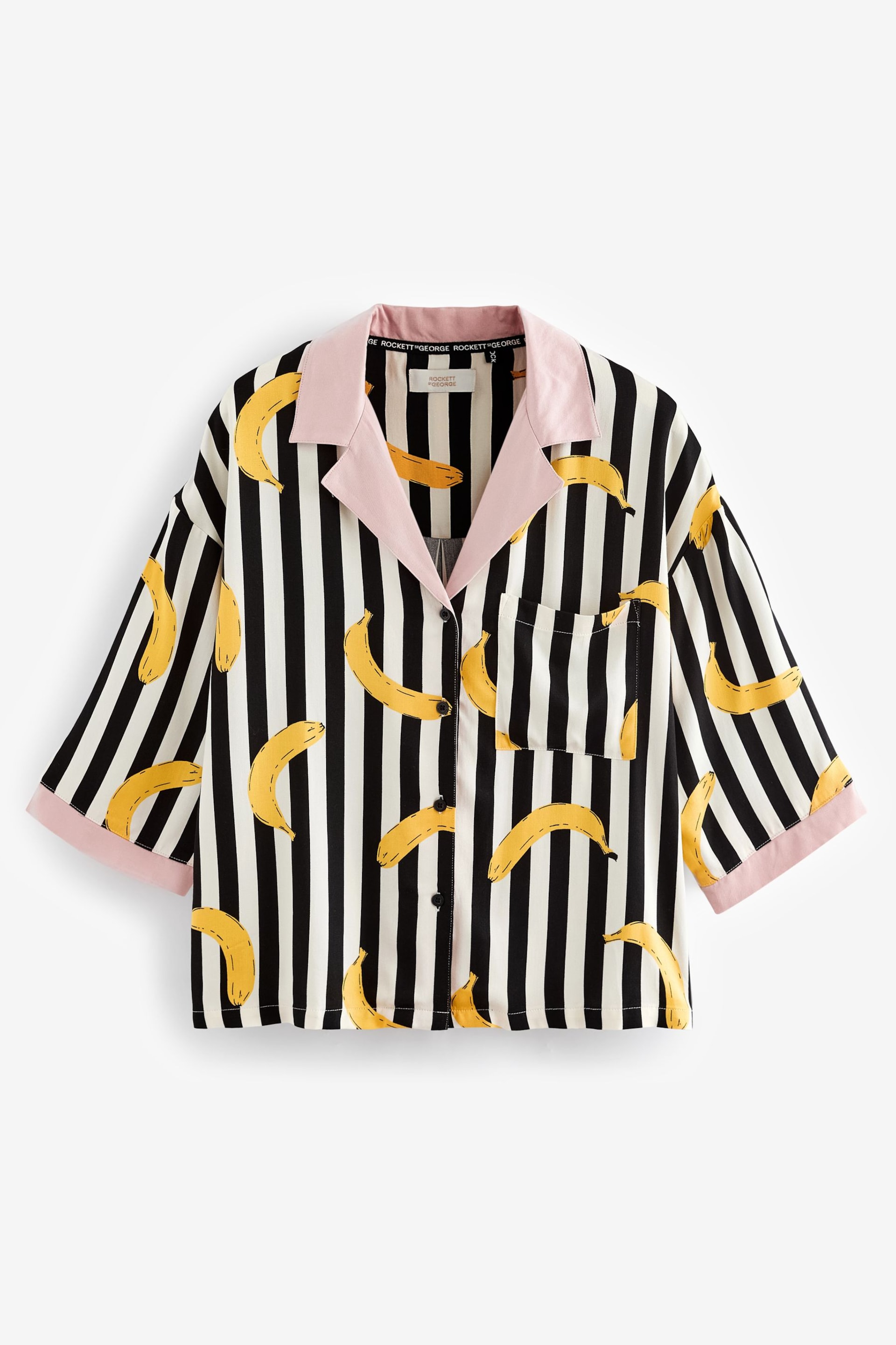 Rockett St George Monochrome Stripe Banana Print Woven Viscose Button Through Pyjamas - Image 9 of 10