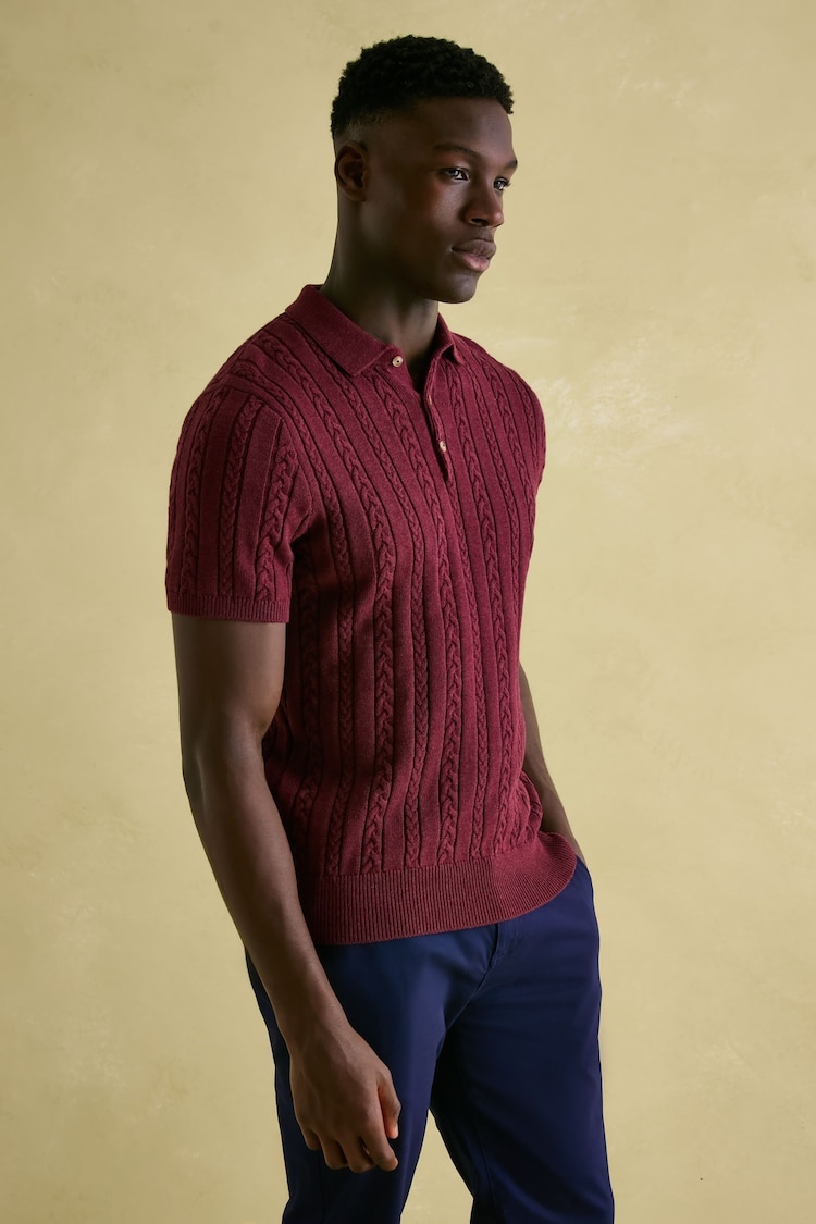 Joules Adlington Burgundy Cable Knitted Polo Shirt - Image 1 of 6