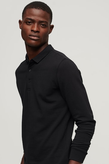 Superdry Black Long Sleeve Cotton Pique Polo Shirt