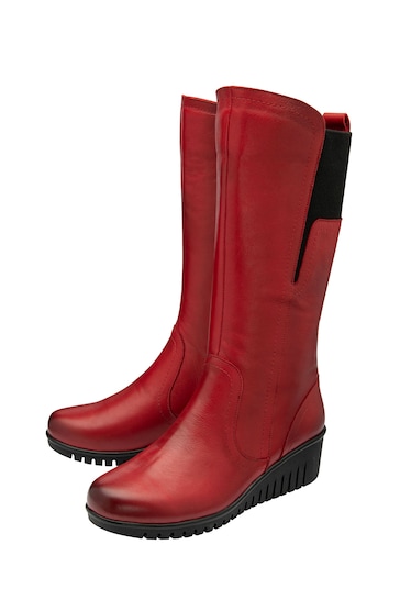 Lotus Red Leather Wedge Knee-High Boots