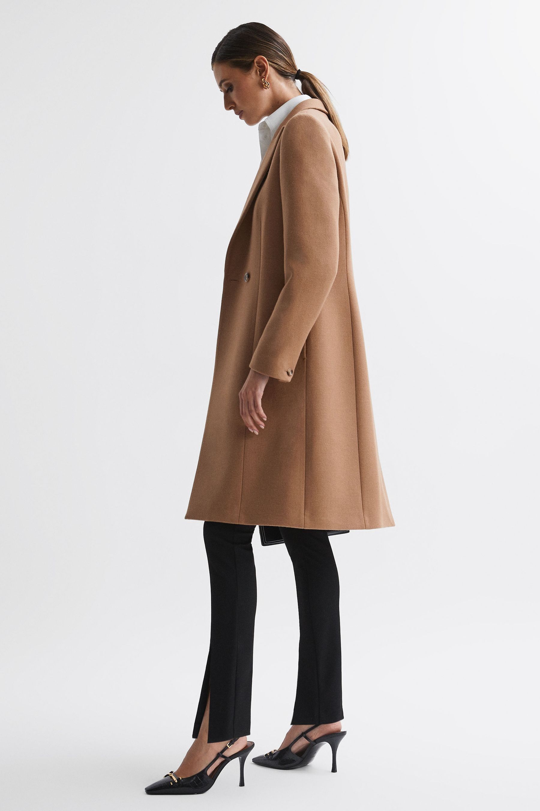 Petite double breasted camel duster coat top