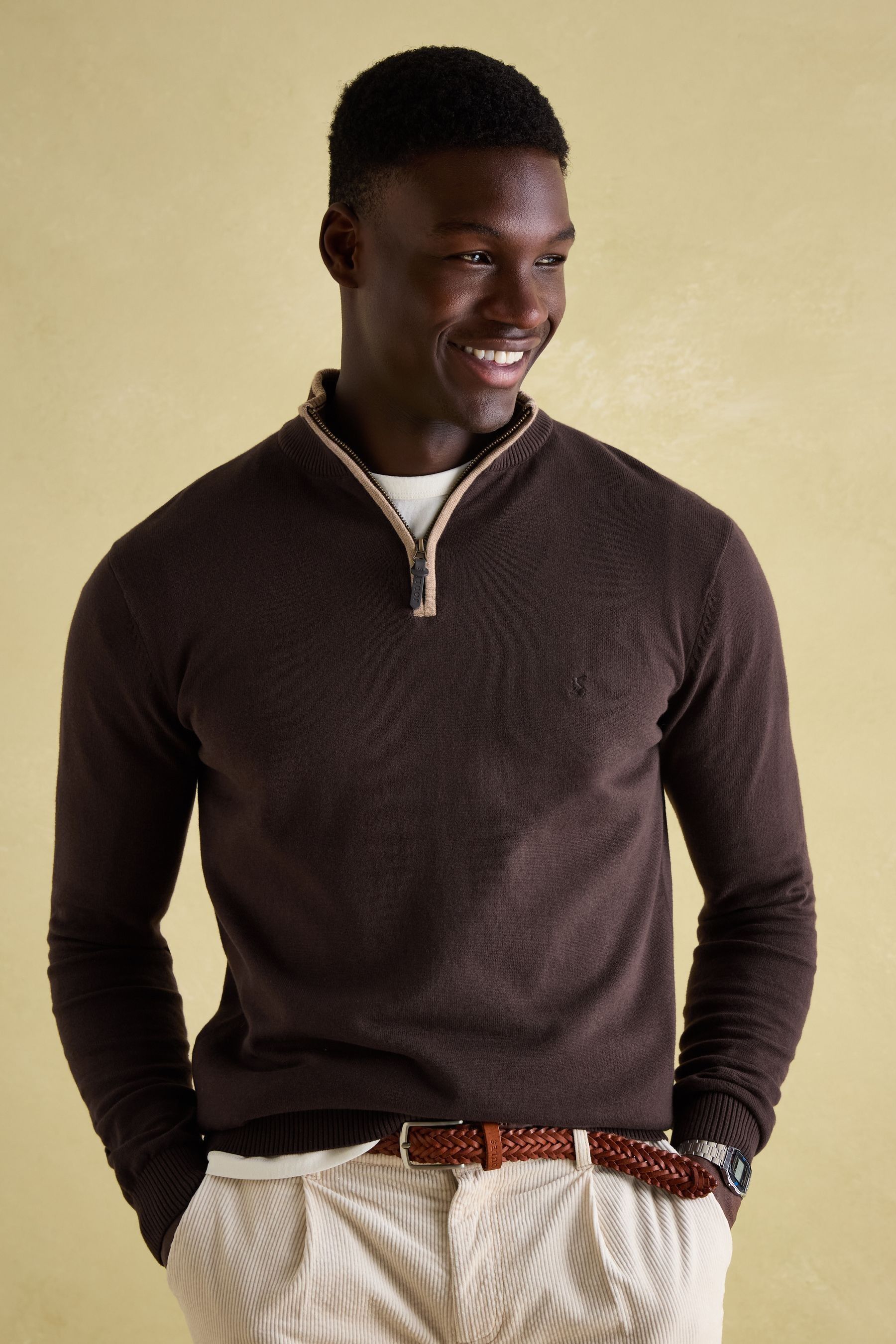 Joules Hillside Brown Quarter Zip Knit Jumper