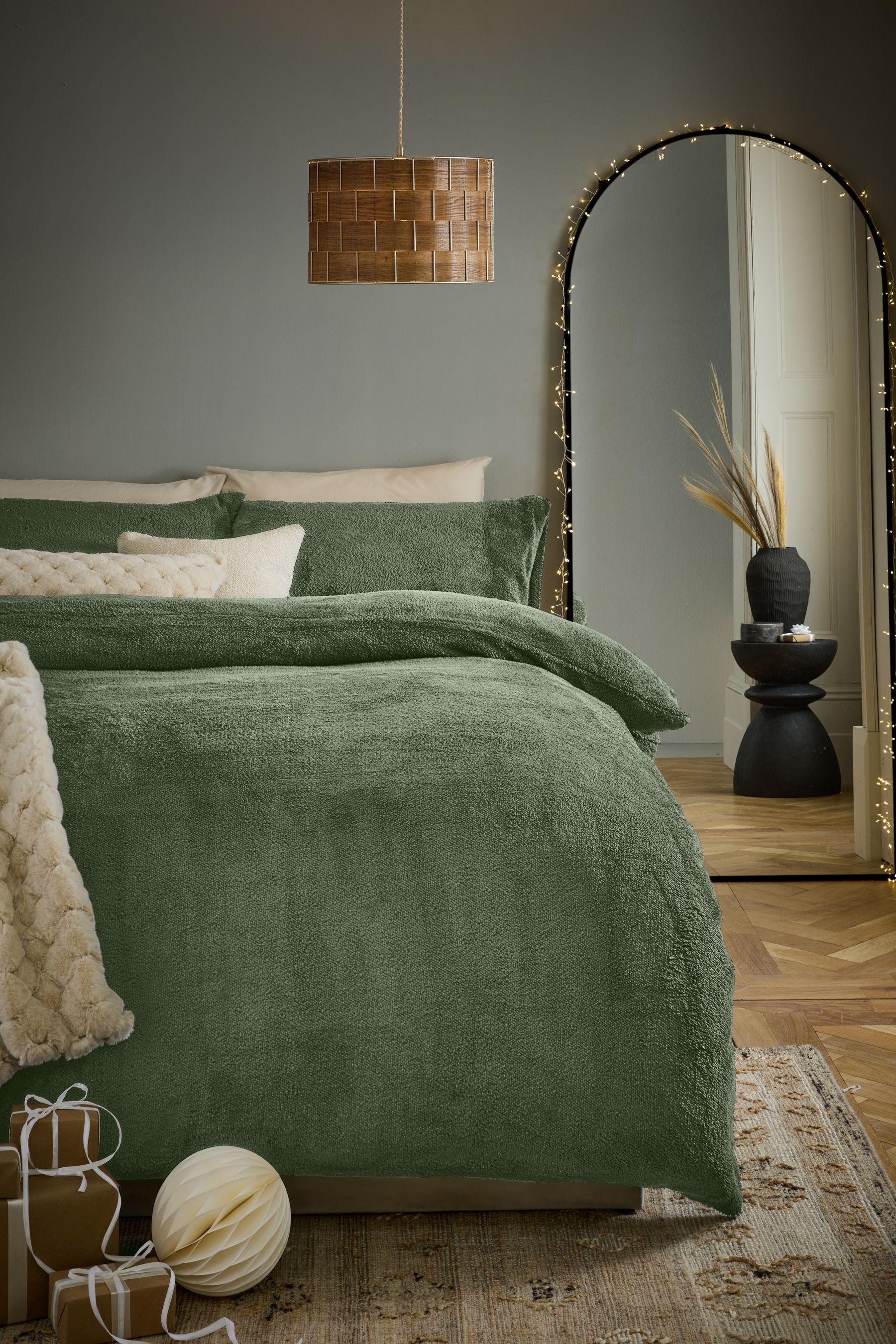 NEXT Green Soft Teddy Fleece Duvet Cover and Pillowcase Set Adult