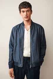 Blue Nova Fides Italian Linen Blend Herringbone Bomber Jacket - Image 1 of 12