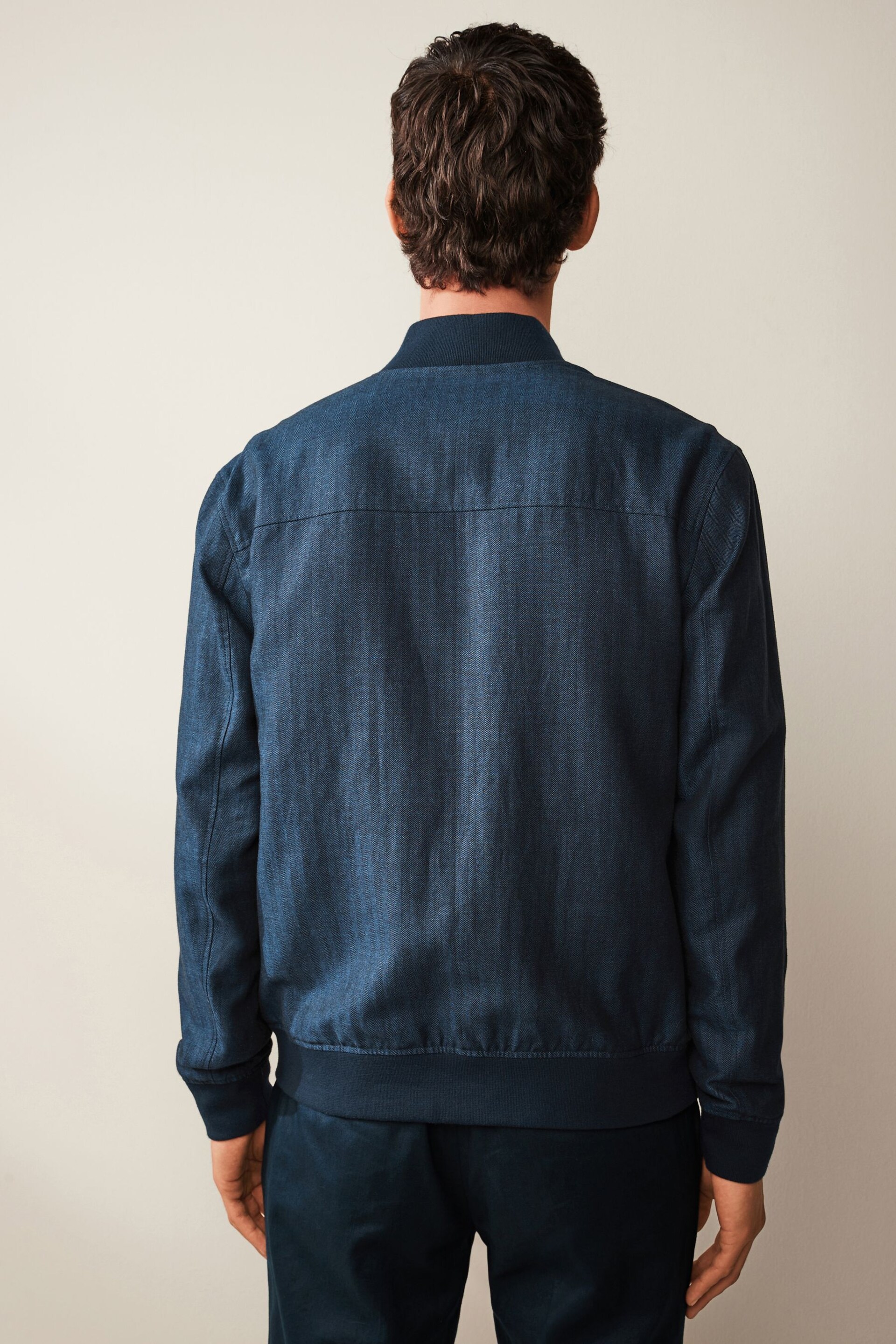 Blue Nova Fides Italian Linen Blend Herringbone Bomber Jacket - Image 3 of 12