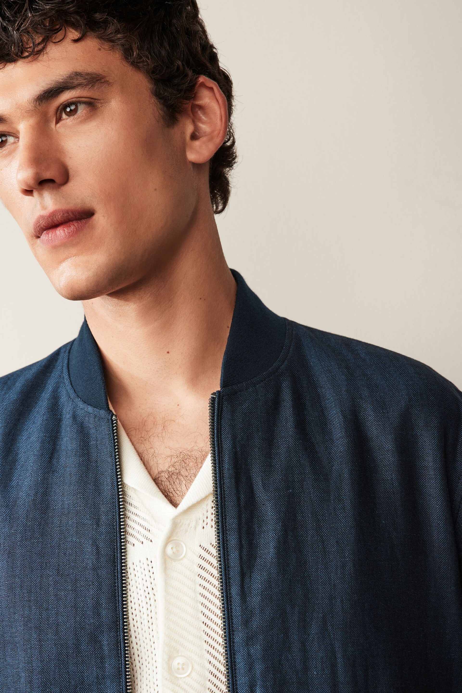 Blue Nova Fides Italian Linen Blend Herringbone Bomber Jacket - Image 4 of 12