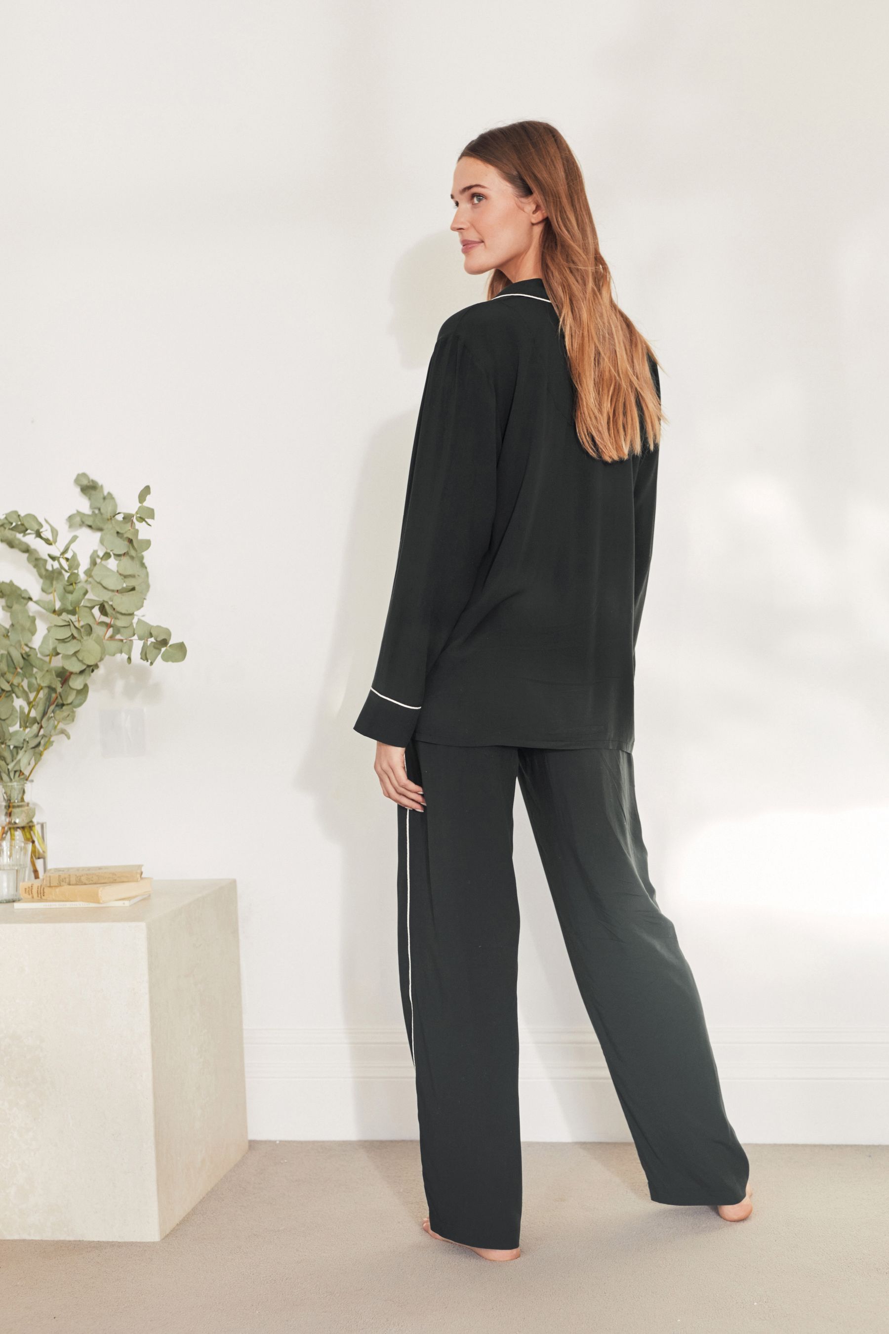 White pajamas sales with black piping