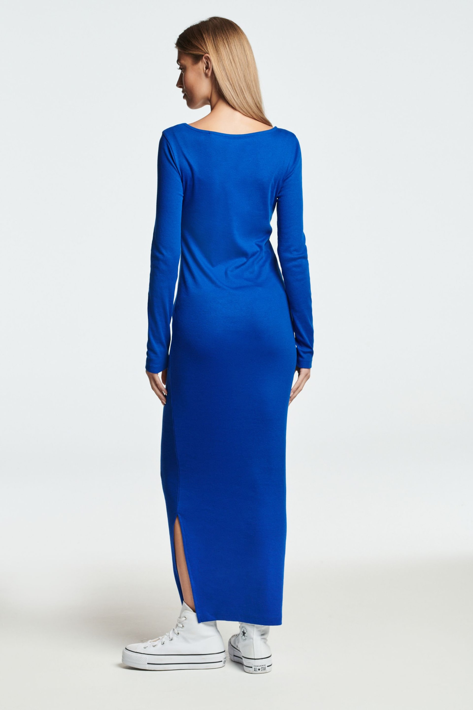 Cobalt Blue Scoop Neck Long Sleeve Ribbed Midaxi Dress - Image 2 of 6