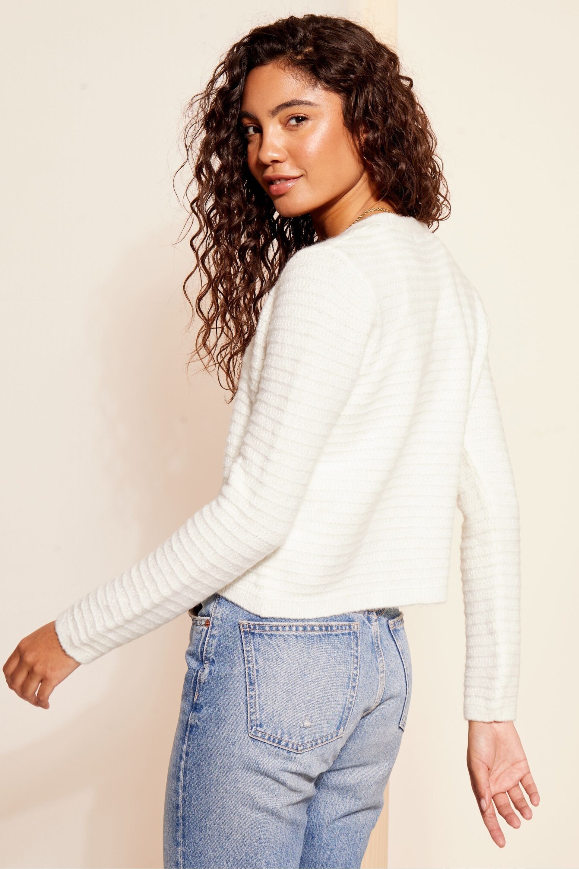 Friends Like These Ivory White Textured V Neck Knitted Cardigan - Image 4 of 4