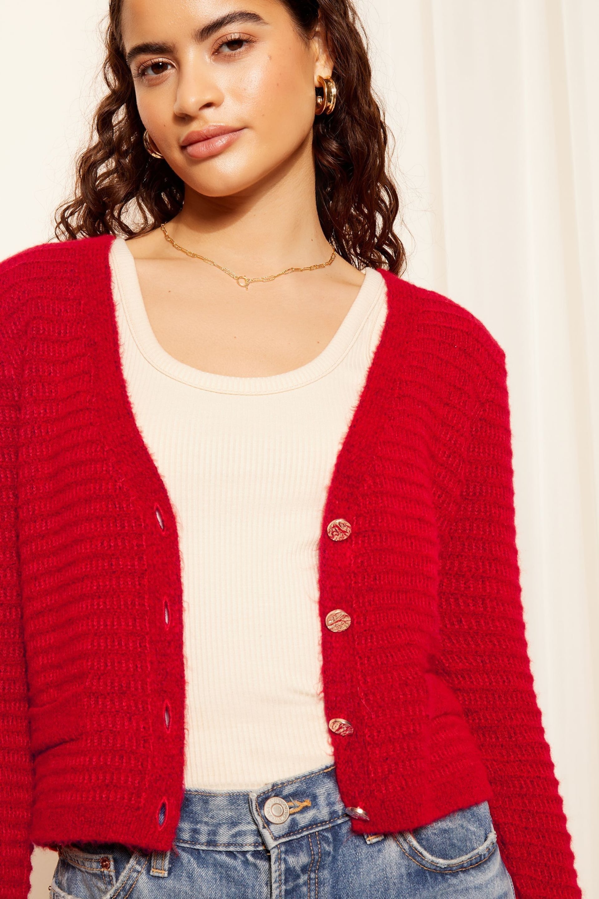 Friends Like These Red Petite Textured V Neck Knitted Cardigan - Image 1 of 4