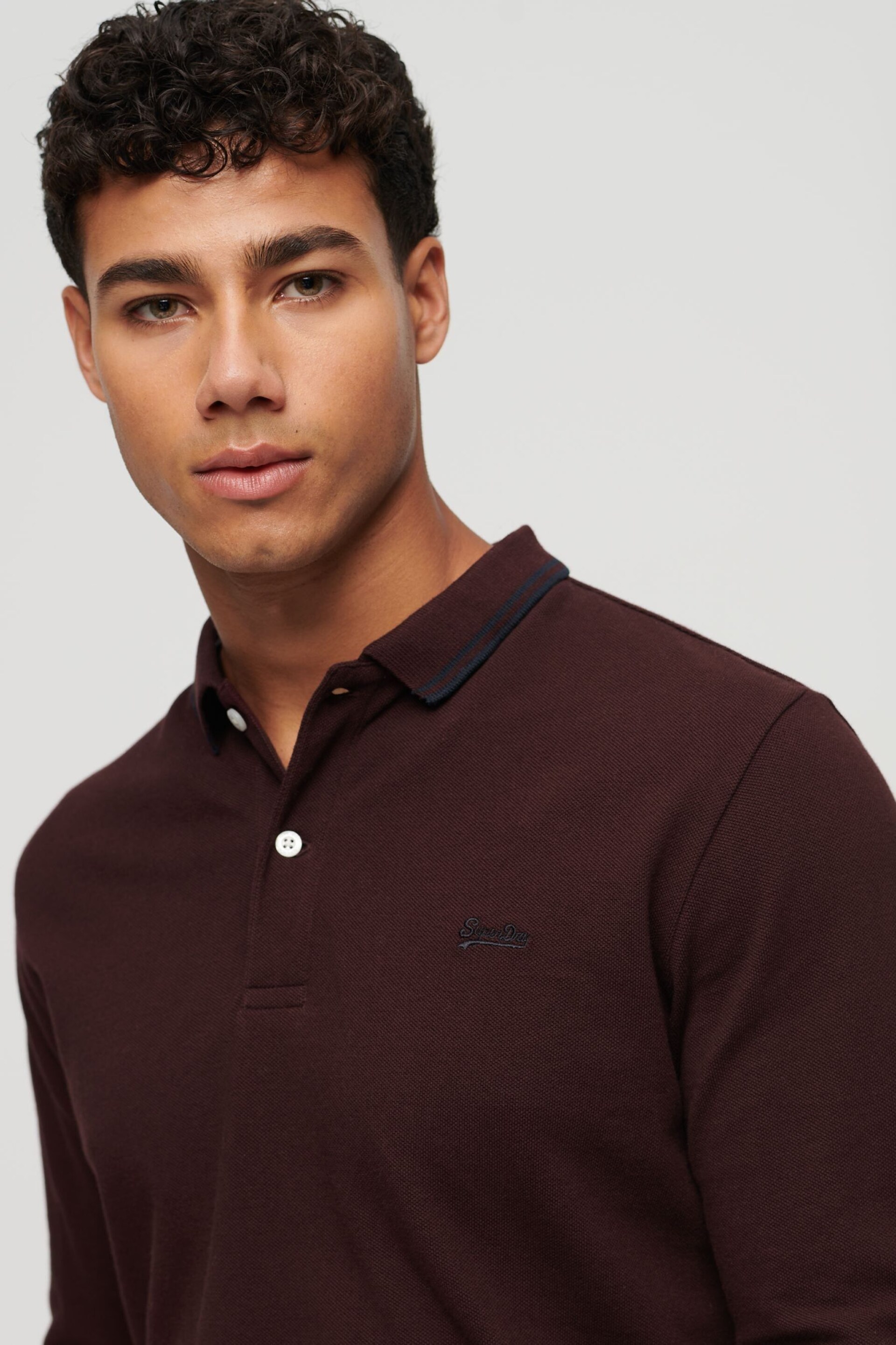 Superdry Burgundy Red Tipped Long Sleeve Polo Shirt - Image 3 of 7