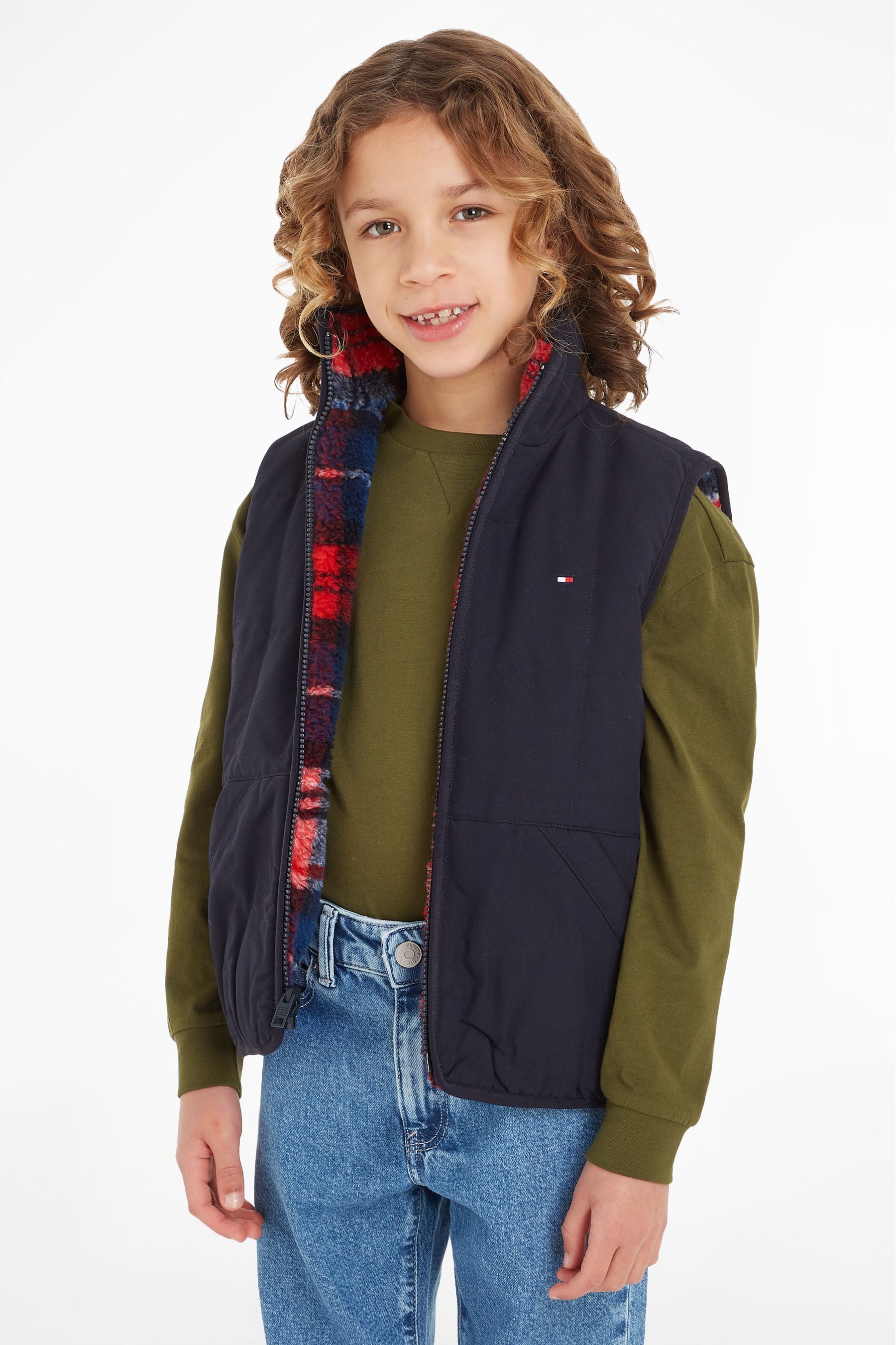 Buy Tommy Hilfiger Kids Blue Reversible Sherpa Check Gilet from Next Denmark