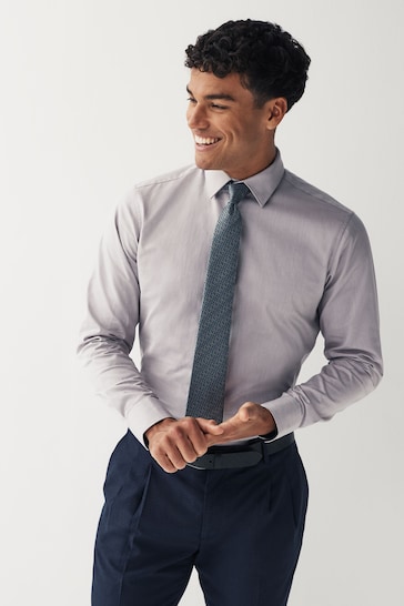 Grey/Blue Geometric Slim Fit Single Cuff Shirt And Tie Pack