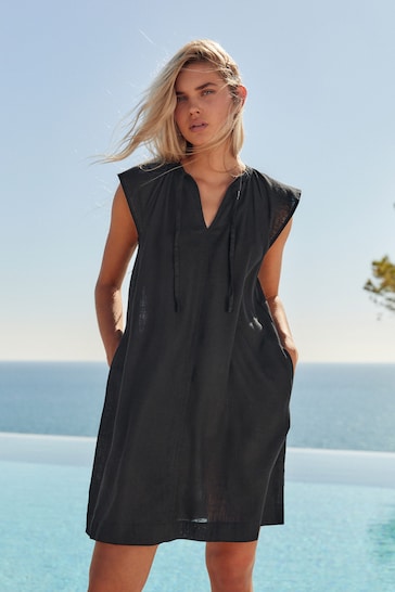Buy Black Linen Blend Tie Neck Mini Summer Dress from the Next UK online  shop