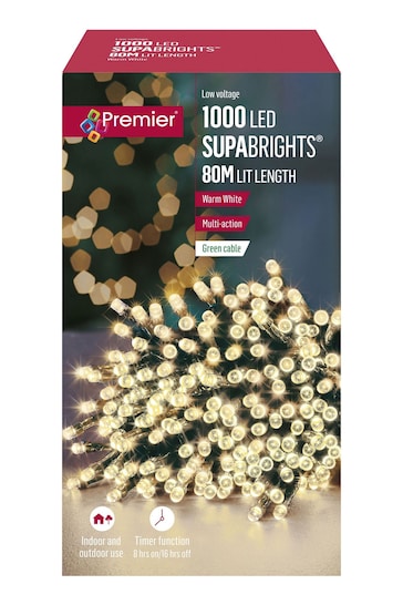 Premier Decorations Ltd White 1000 LED Super Bright Timer Christmas Line Lights 80M