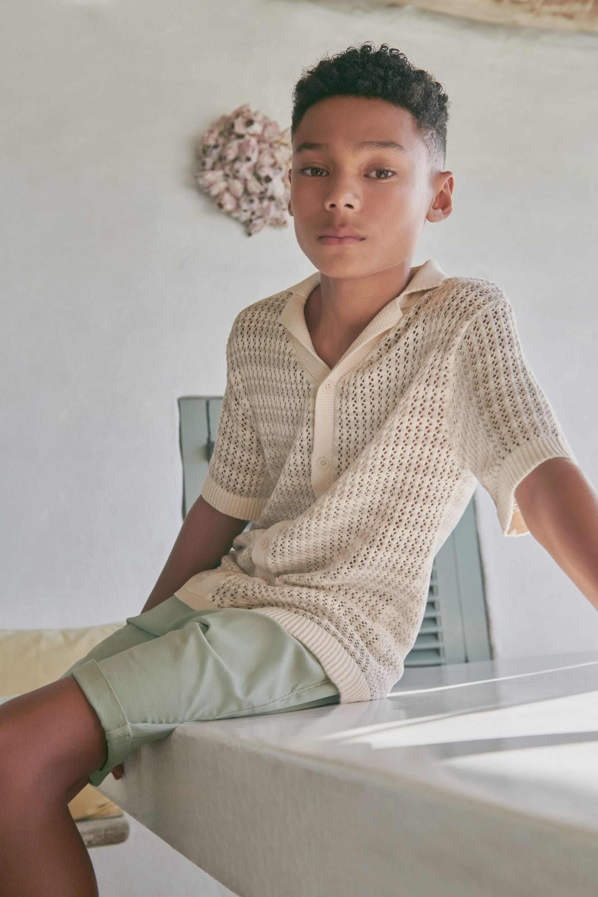 Neutral Crochet Stripe Short Sleeved Polo Shirt (3-16yrs) - Image 2 of 7