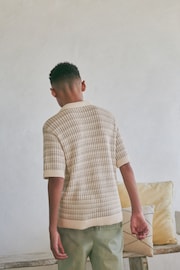 Neutral Crochet Stripe Short Sleeved Polo Shirt (3-16yrs) - Image 3 of 7