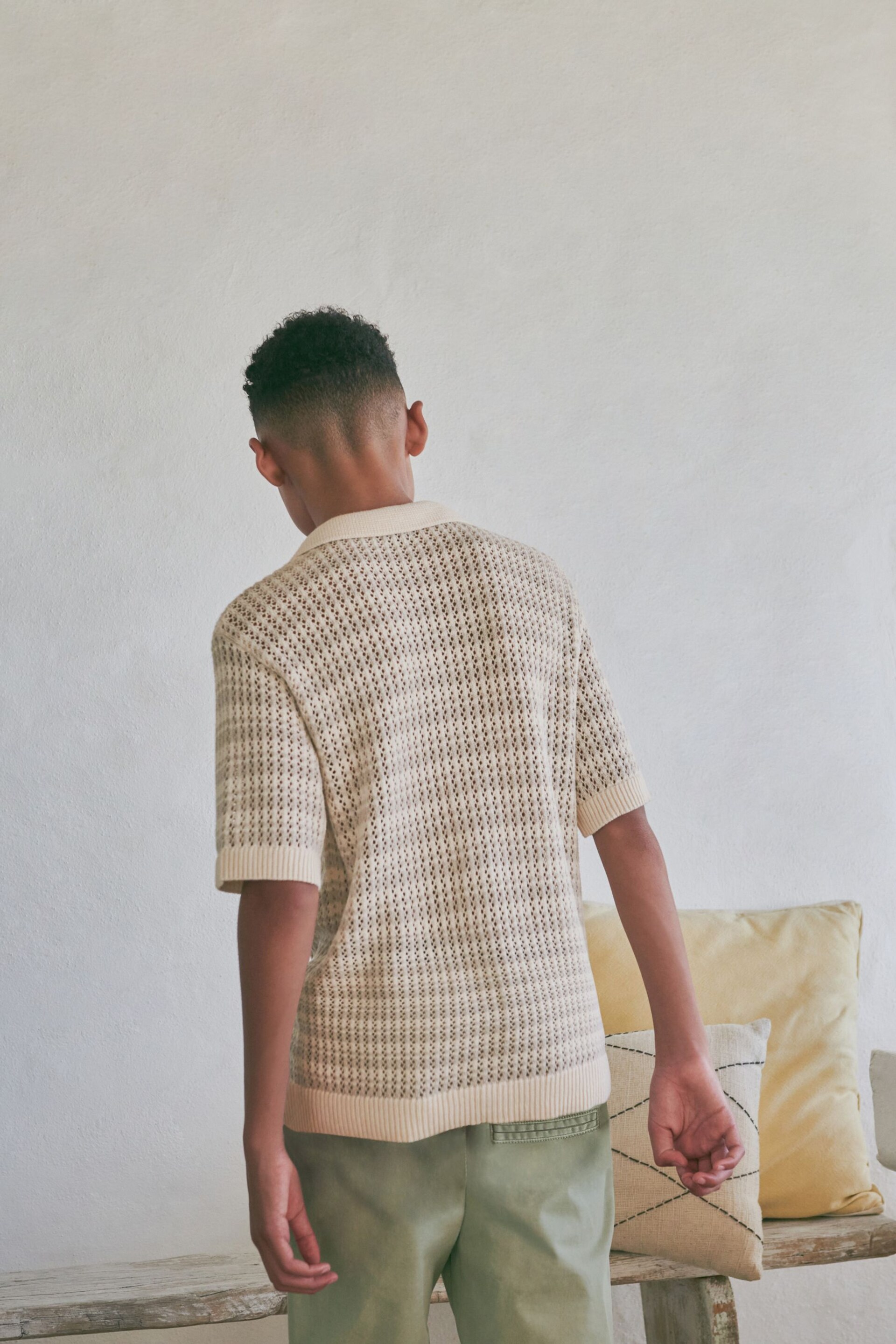 Neutral Crochet Stripe Short Sleeved Polo Shirt (3-16yrs) - Image 3 of 7