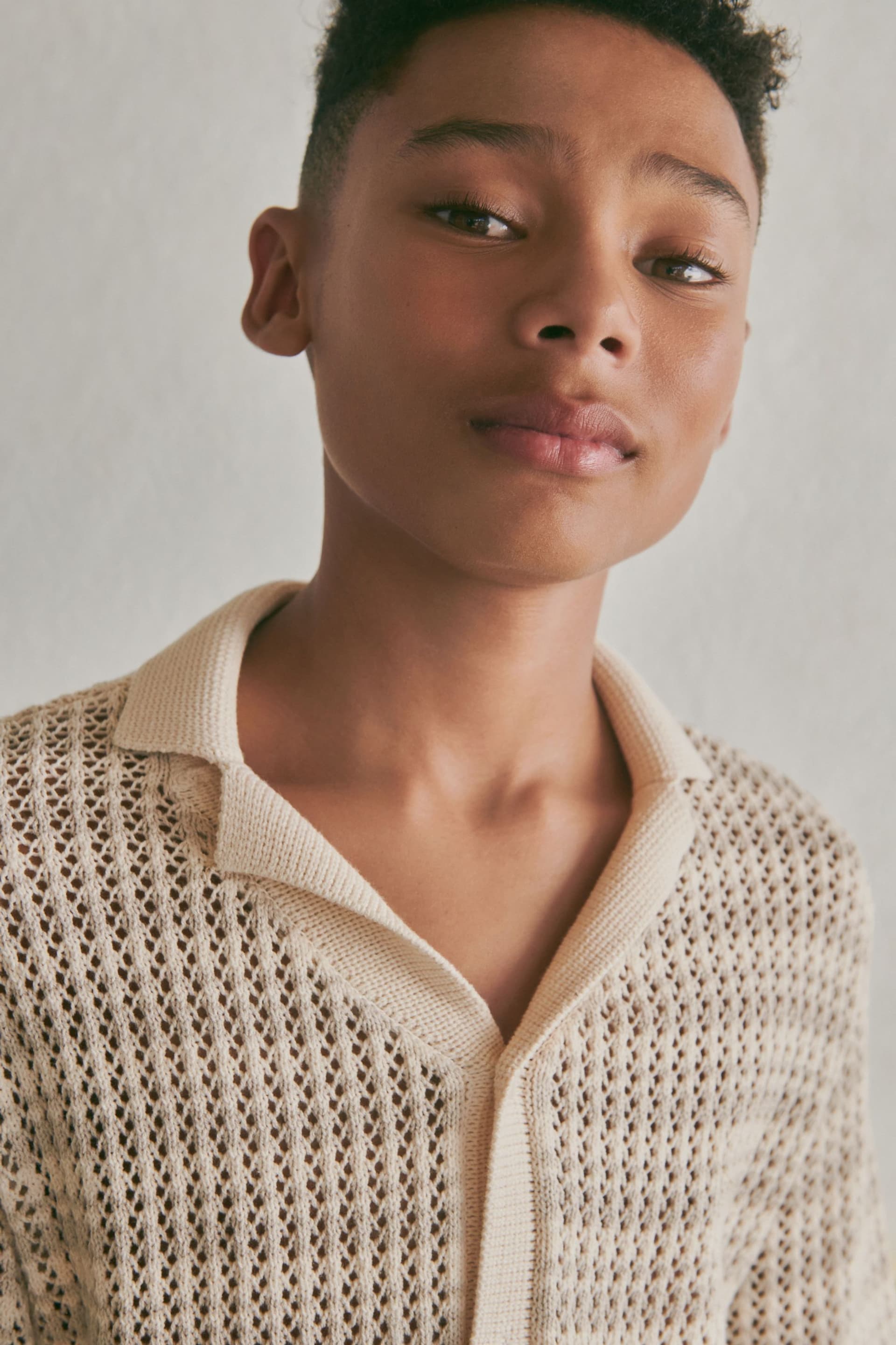 Neutral Crochet Stripe Short Sleeved Polo Shirt (3-16yrs) - Image 4 of 7