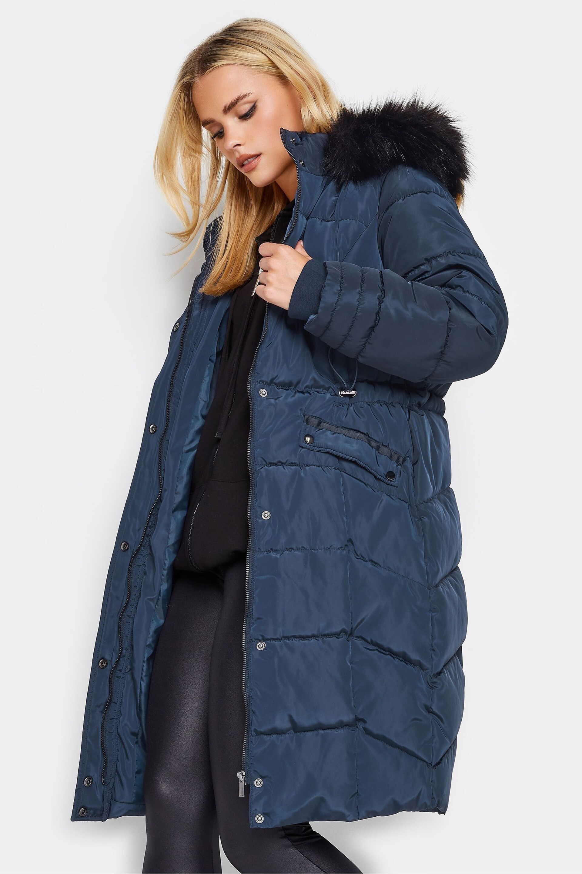 PixieGirl Petite Blue Faux Fur Trim Padded Coat - Image 1 of 4