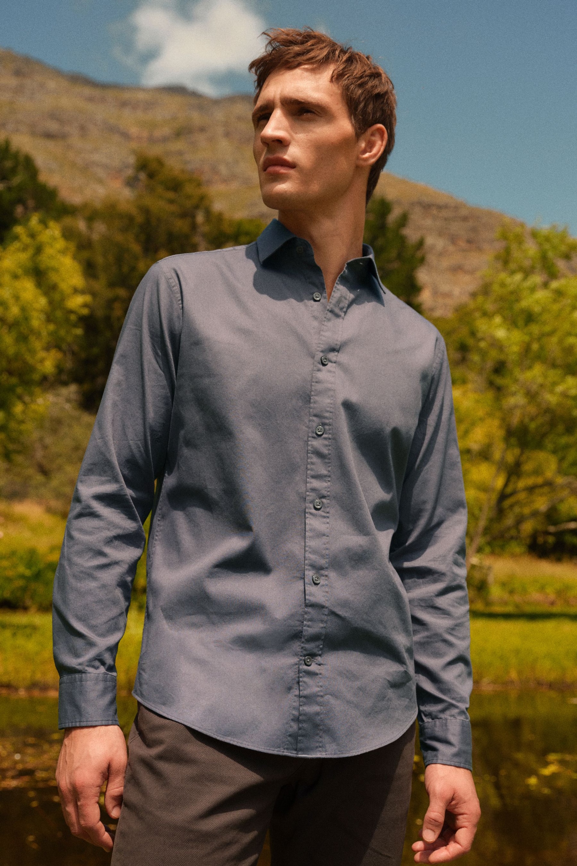 Navy Blue Regular Fit Washed Textured Cotton Shirt - Image 1 of 5