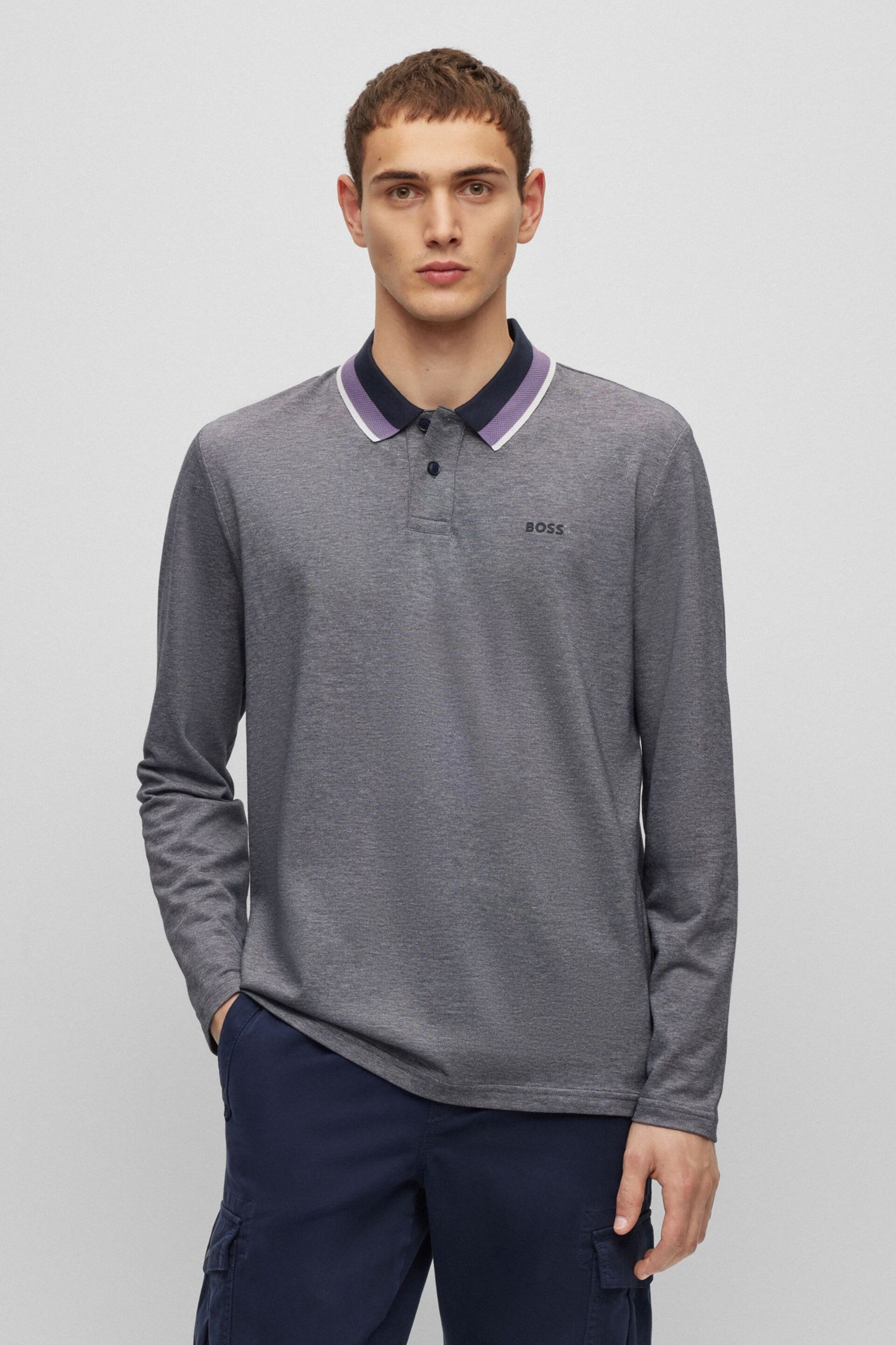 BOSS Grey Oxford Pique Long Sleeve Polo Shirt - Image 1 of 5