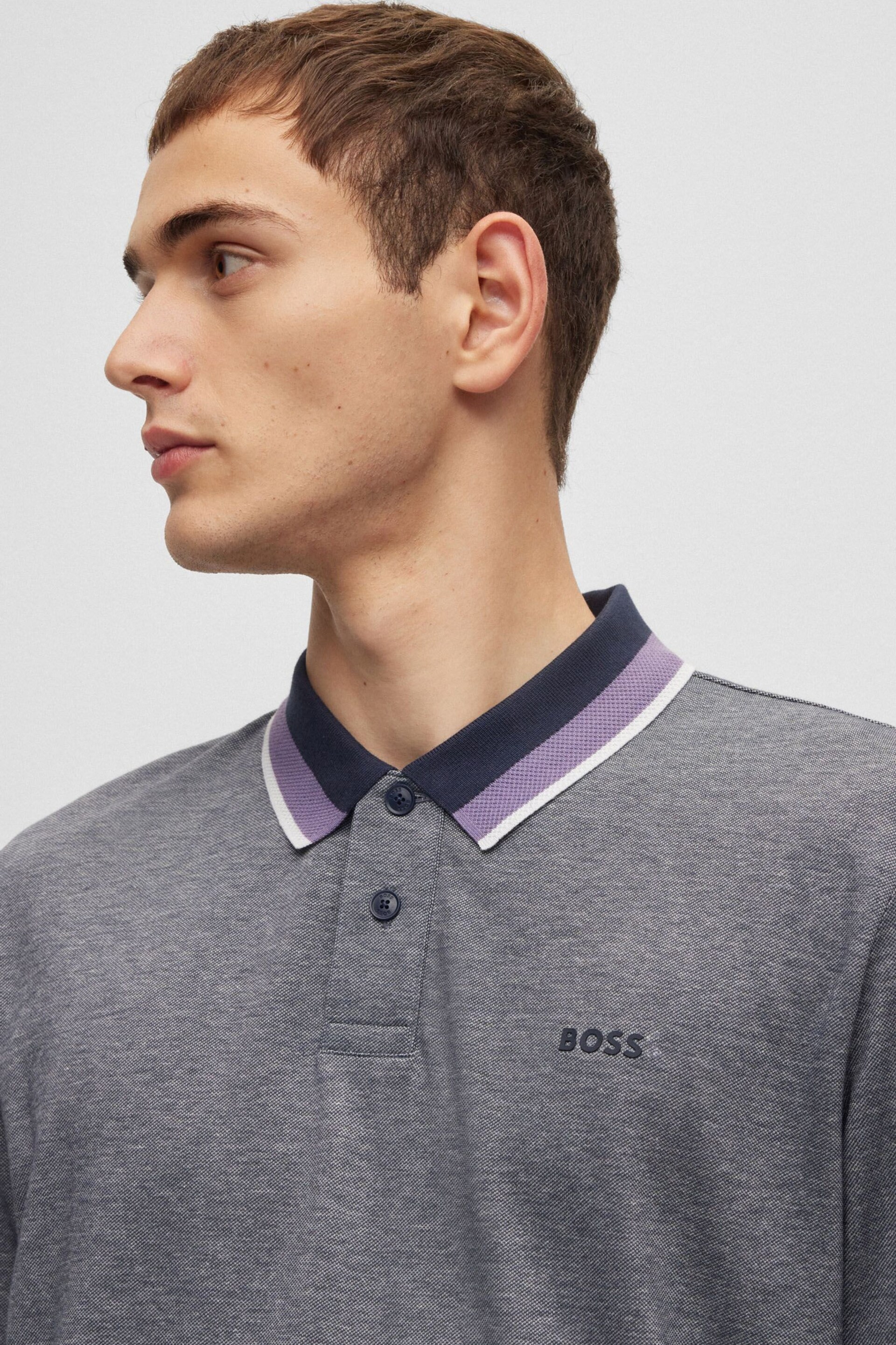 BOSS Grey Oxford Pique Long Sleeve Polo Shirt - Image 4 of 5