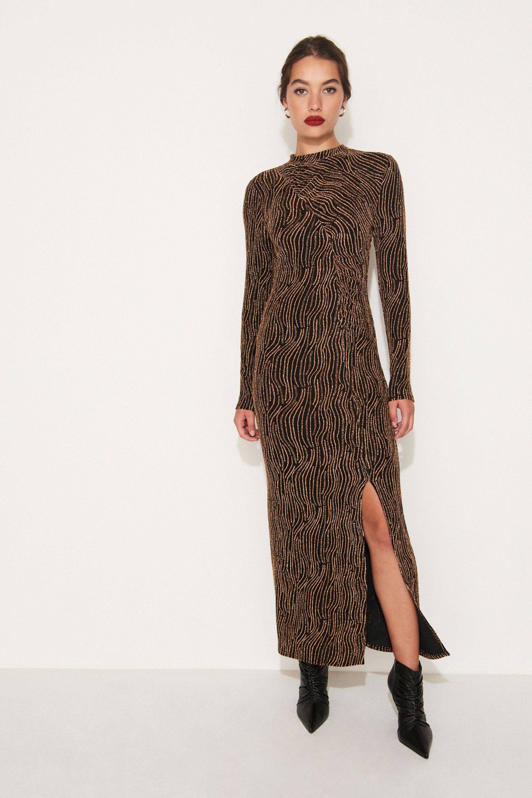 Buy Gold Sparkle Long Sleeved Ruched Midi Dress from Next Luxembourg