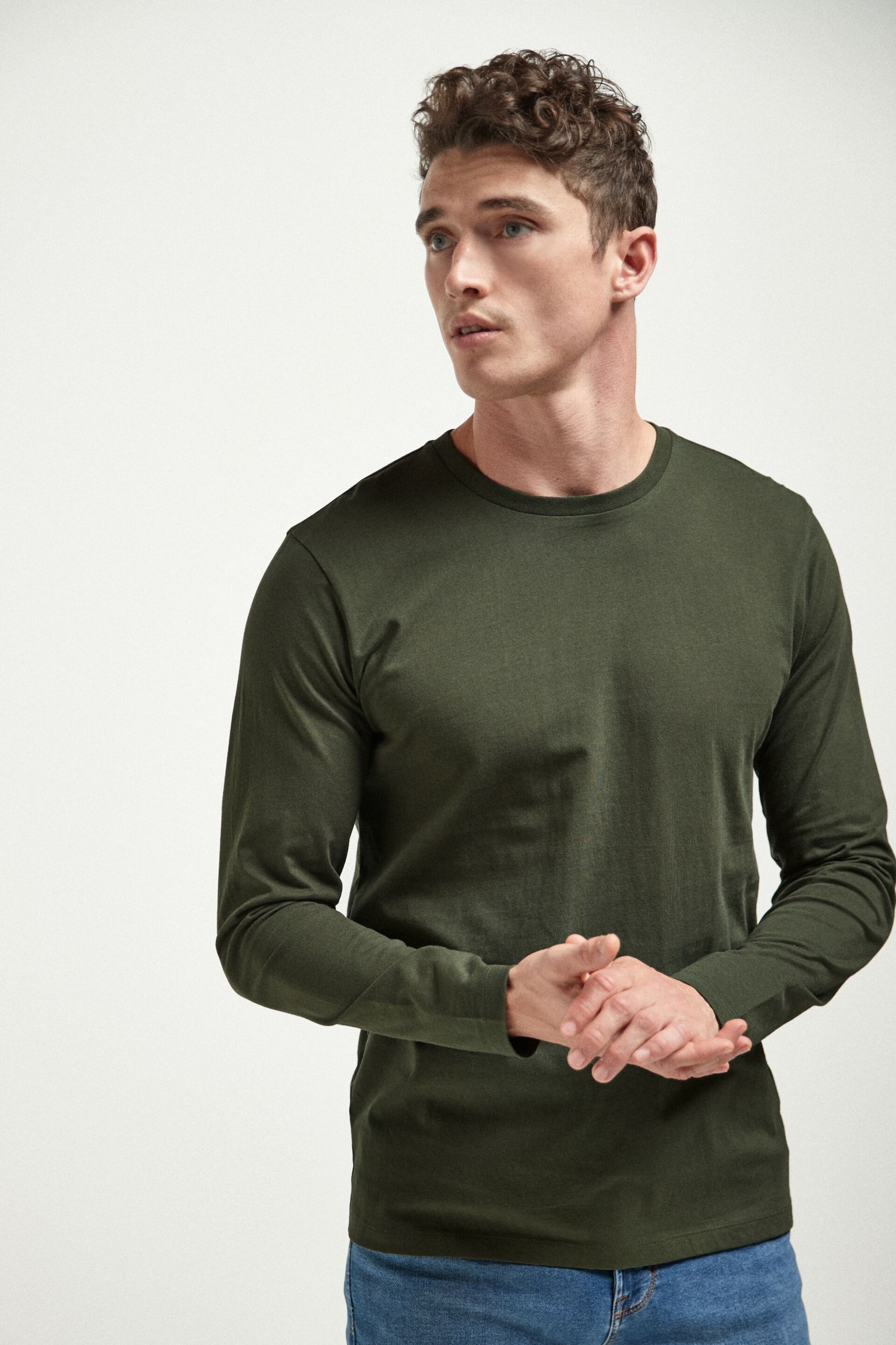 Dark Khaki Green Regular Fit Long Sleeve Crew Neck T-Shirt - Image 1 of 5