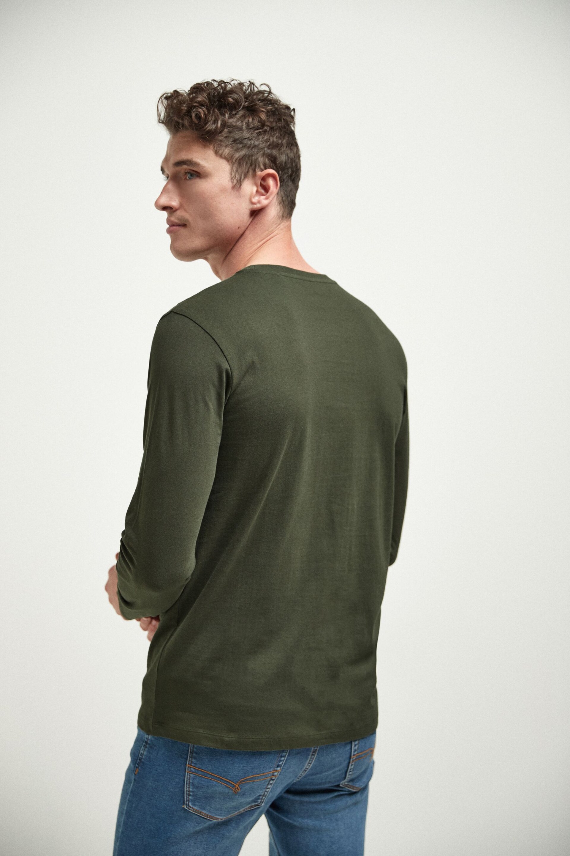 Dark Khaki Green Regular Fit Long Sleeve Crew Neck T-Shirt - Image 2 of 5