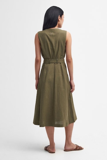 Barbour® Khaki Green Rutherglen Linen Mix Belted Midi Dress