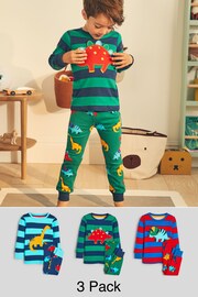 Blue/Red/Green Stripe Dino 3 Pack Snuggle Pyjamas (9mths-8yrs) - Image 1 of 14