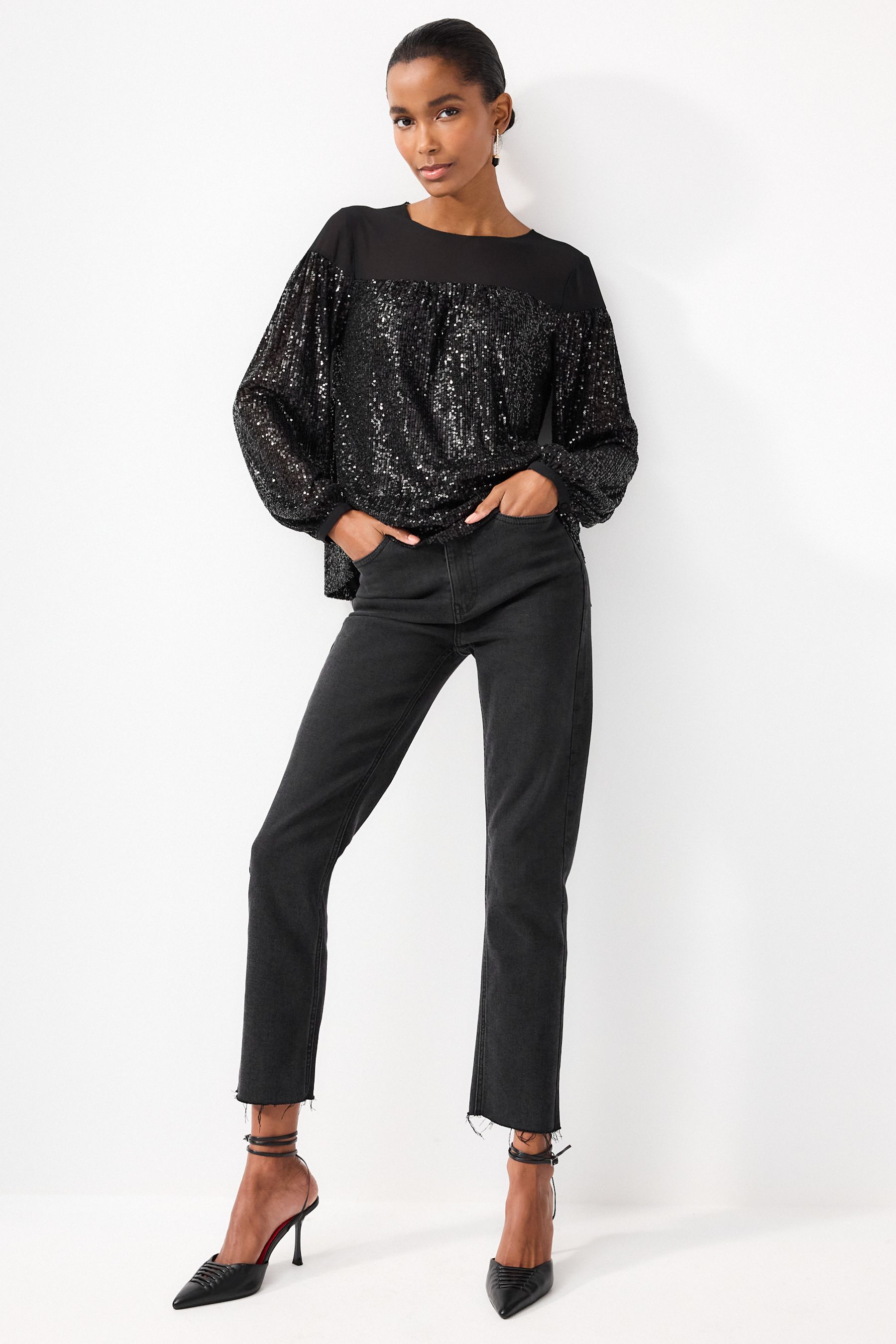 Buy Black Long Sleeve Sequin Sparkle Top from Next Luxembourg
