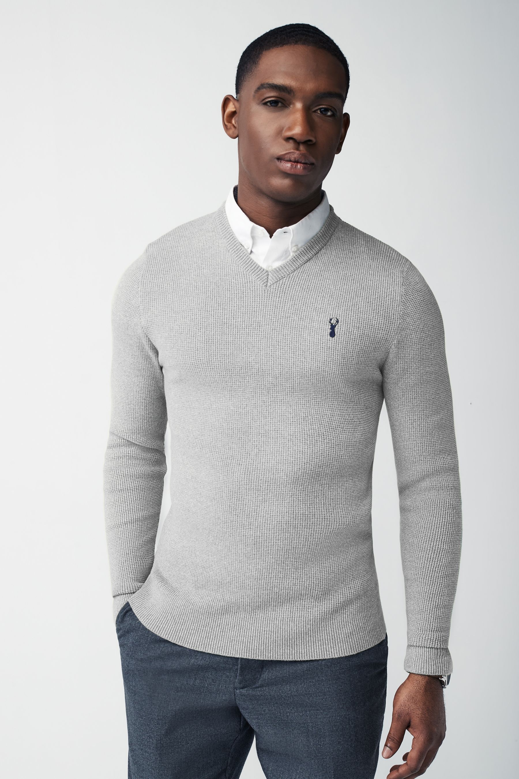 Buy Grey Oxford V Neck Regular 100 Cotton Mock Shirt Jumper from the Next UK online shop