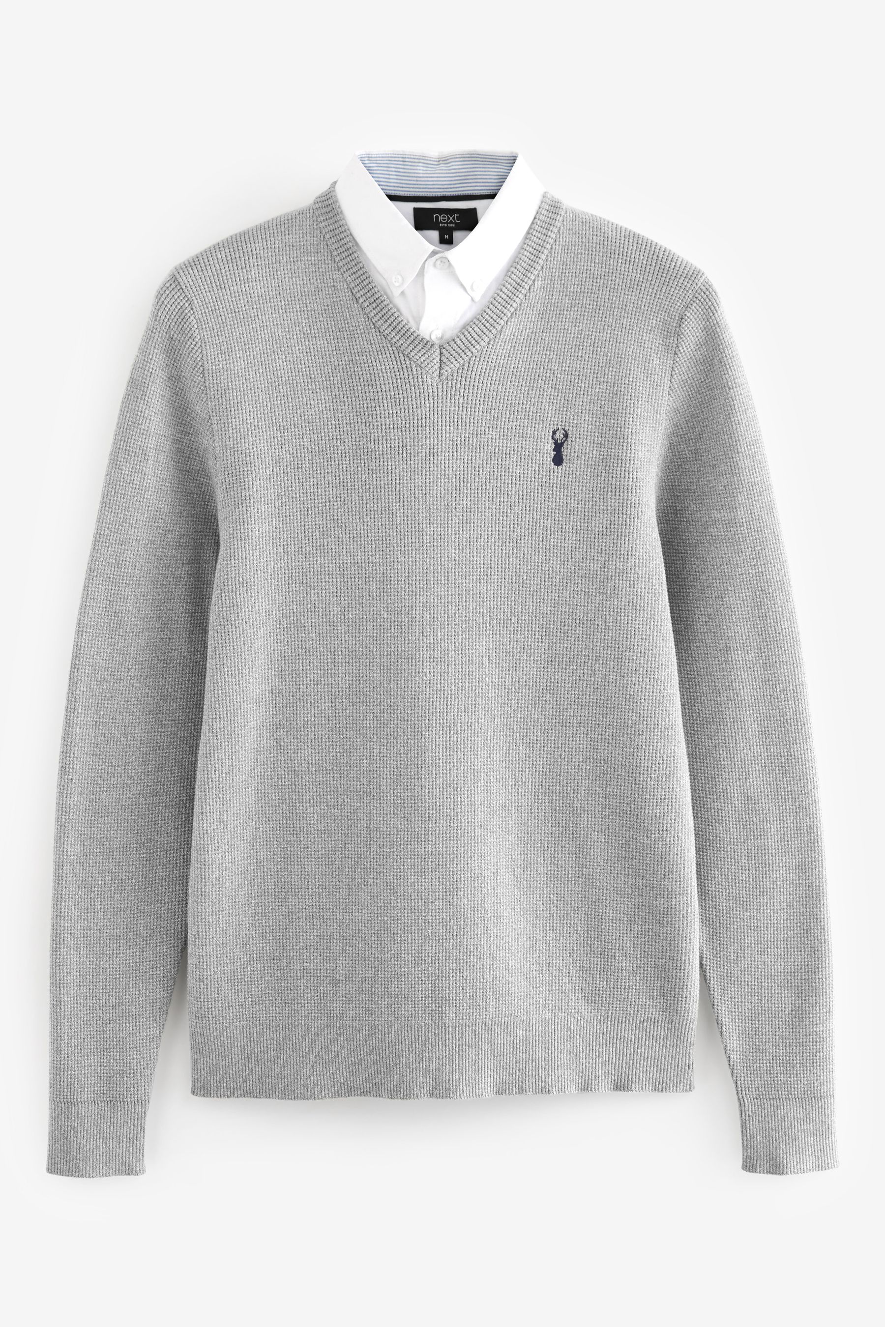 Grey Oxford V Neck Regular 100 Cotton Mock Shirt Jumper