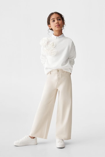 Mango Cream Frayed Hem Culotte Jeans