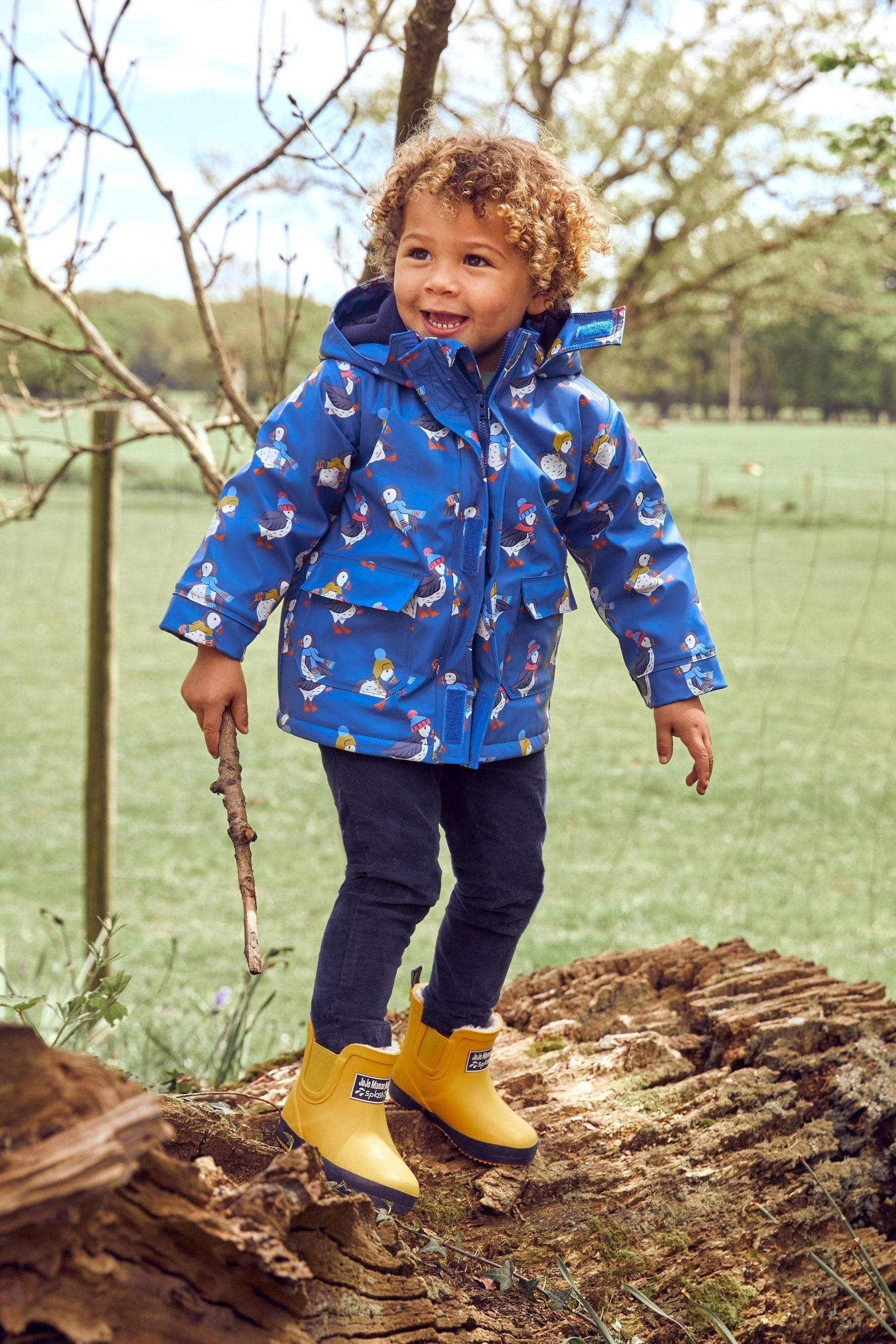 JoJo Maman Bebe Denim Blue Puffin Print Cosy Waterproof Jacket