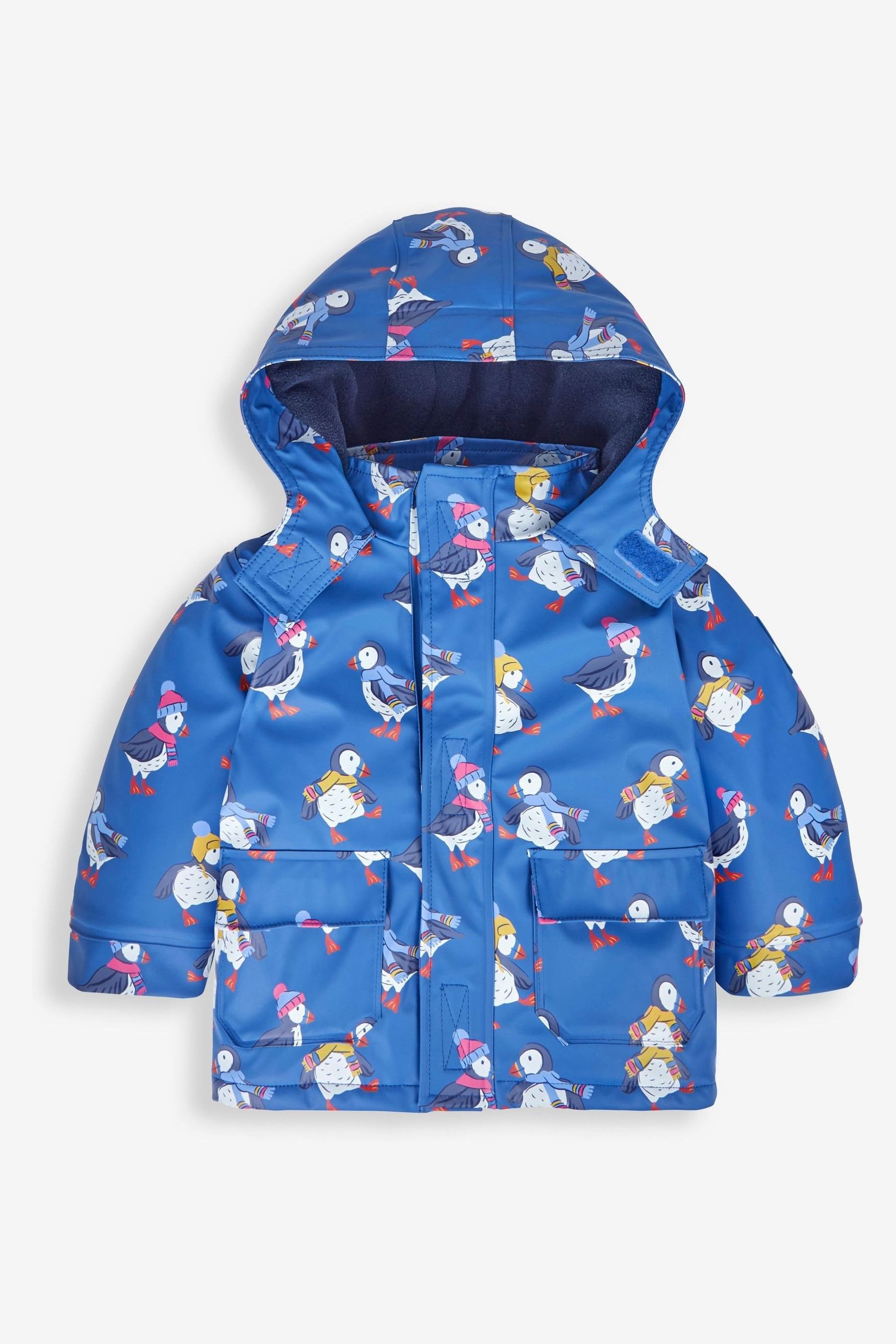 JoJo Maman Bebe Denim Blue Puffin Print Cosy Waterproof Jacket