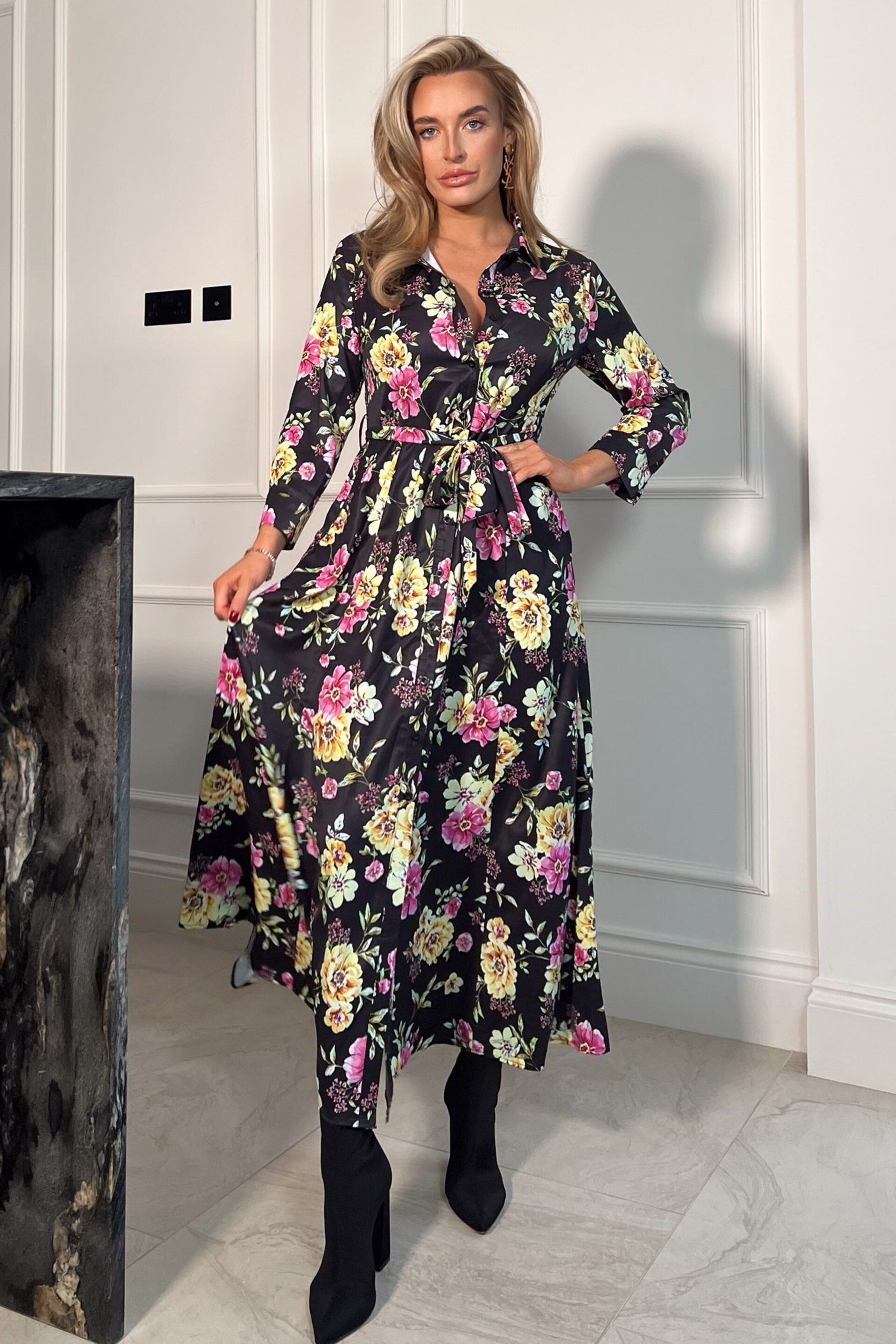 Girl In Mind Black Floral Brielle Shirt Maxi Dress - Image 1 of 4