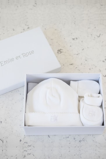 Emile et Rose White Hat Bootee & Mitt Gift Set