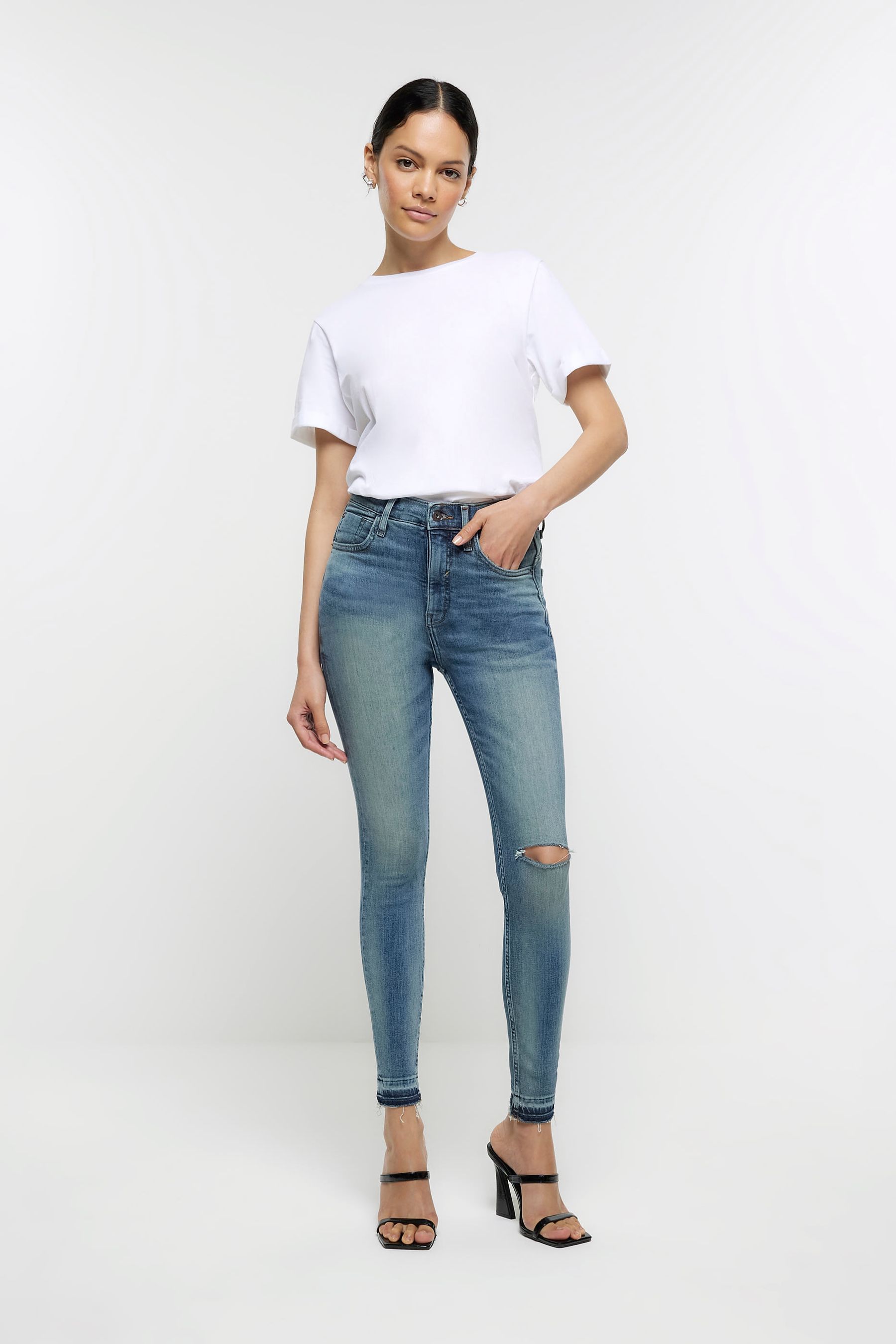 Buy River Island Blue High Rise Tummy Hold Supper Skinny Ripped