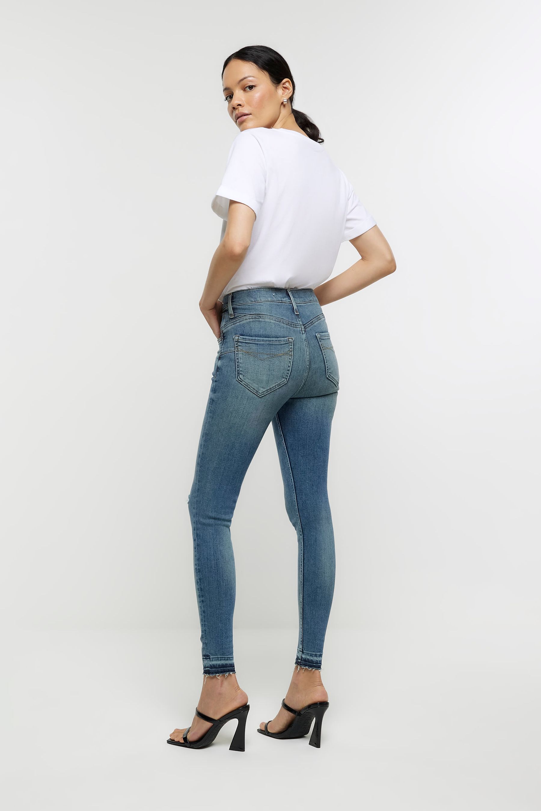 River Island Blue High Rise Tummy Hold Supper Skinny Ripped Jeans