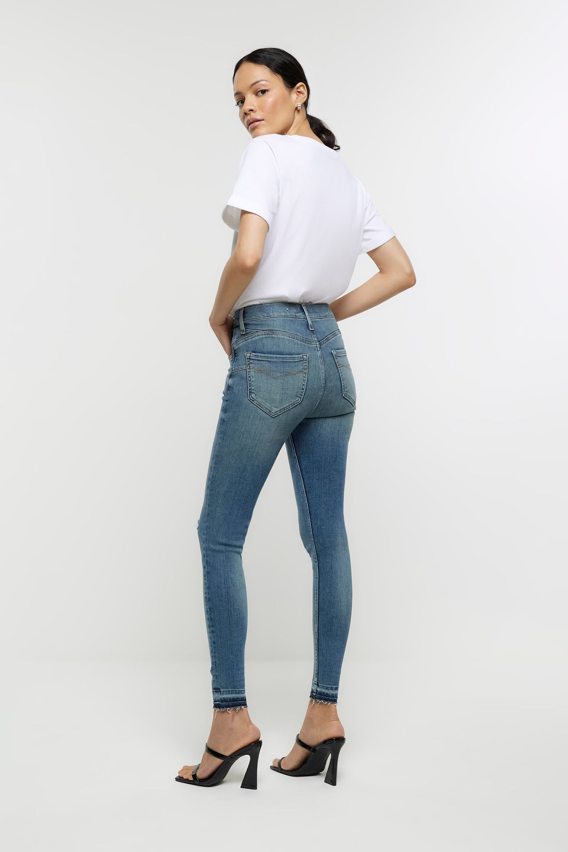 River Island Blue High Rise Tummy Hold Supper Skinny Ripped  Jeans - Image 3 of 7
