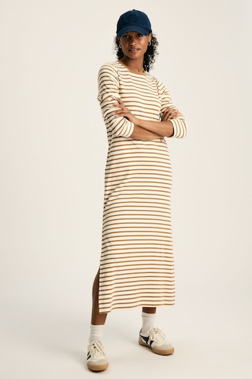 Joules Cleo Tan Brown Striped Long Sleeve Jersey Midi Dress
