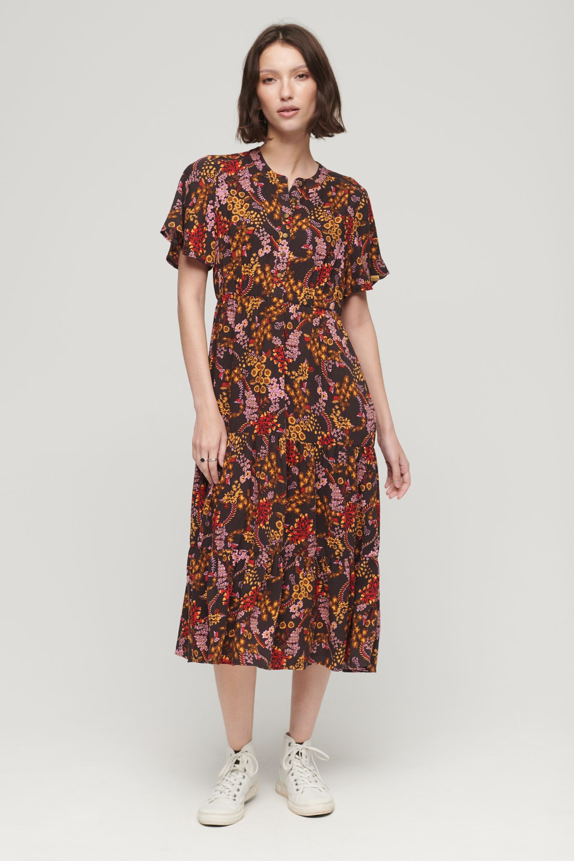 Superdry Brown Printed Tiered Midi Dress - Image 1 of 6