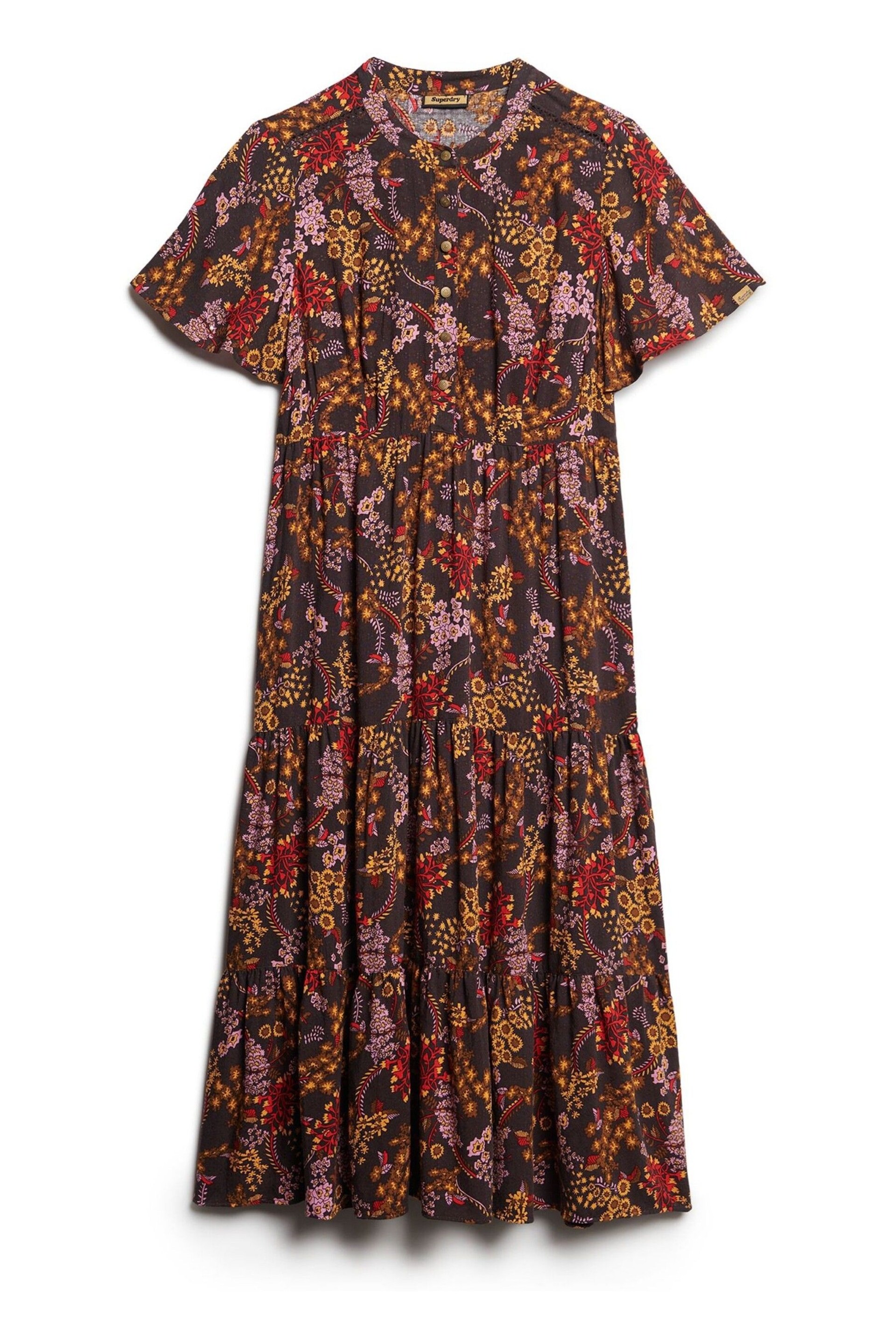 Superdry Brown Printed Tiered Midi Dress - Image 4 of 6