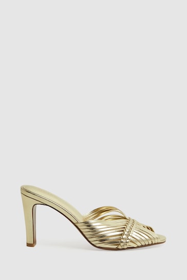 Reiss Gold Imogen Leather Woven Heeled Mules