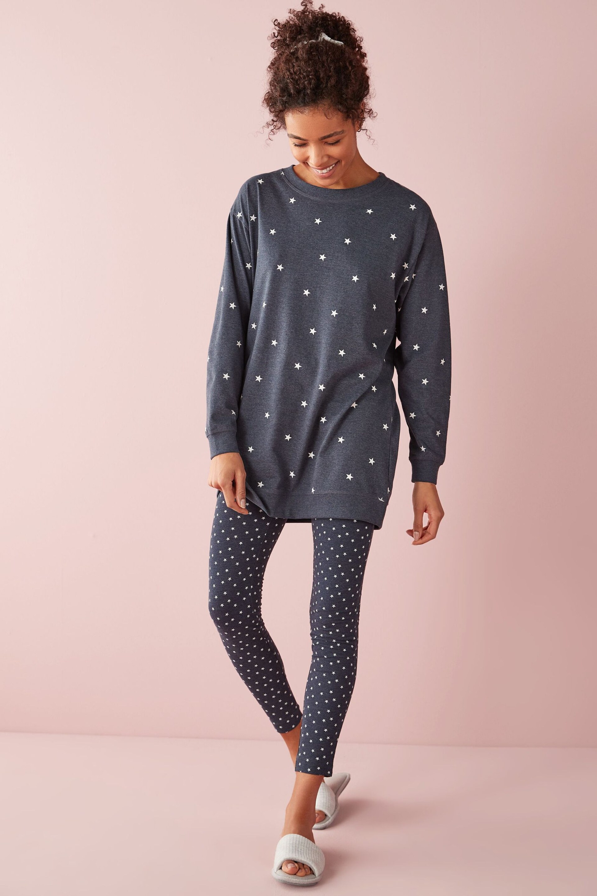 Navy Blue Stars Cotton Tunic And Legging Pyjamas Set - Image 1 of 7