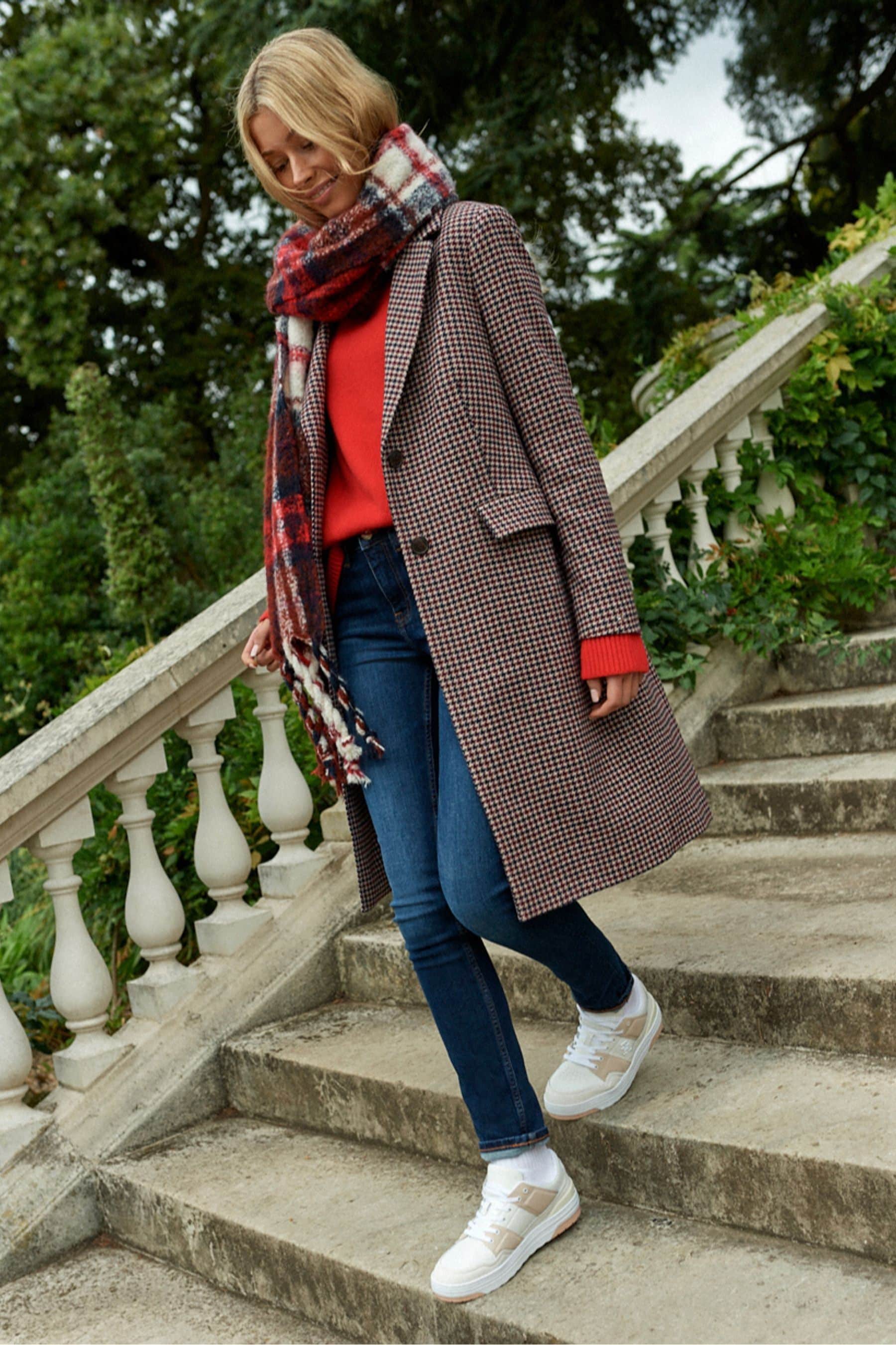 Tommy Hilfiger Red Wool Blend Classic Check Coat